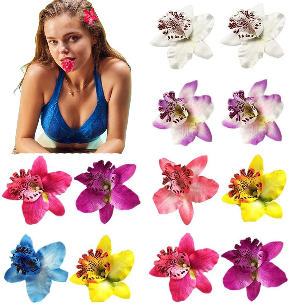 12PCS Double Chiffon Orchid Flower Hair Clips - Hawaii Floral Alligator Clips for Wedding, Bridal, Party & Beach Accessories - Hair Barrettes & Pins for Women (Random Colors) - Perfect for Bridal Showers, Beach Vacations & Summer Outfits