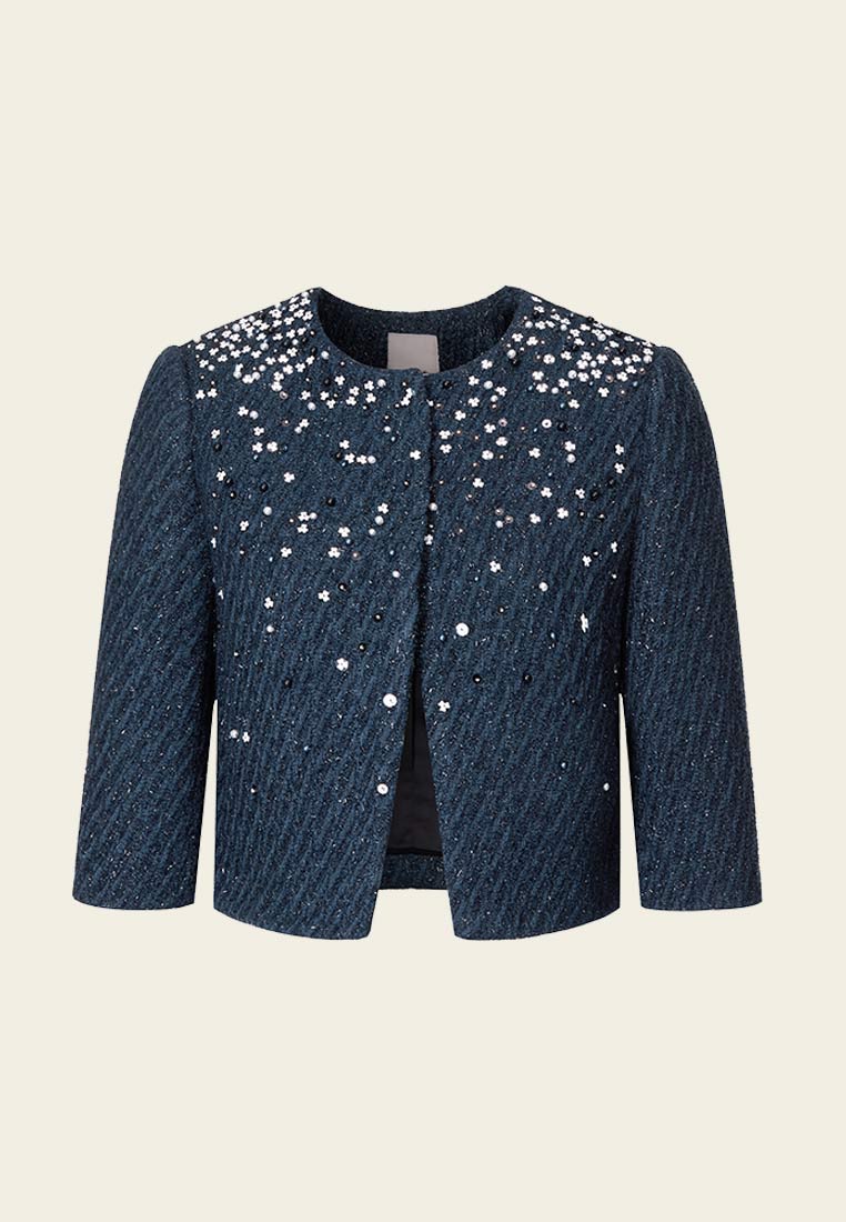 Stylish Dark Blue Rhinestone Lurex Tweed Cropped Jacket for Women | Elegant Party Blazer | Perfect for Cocktail Parties, Date Nights & Special Occasions