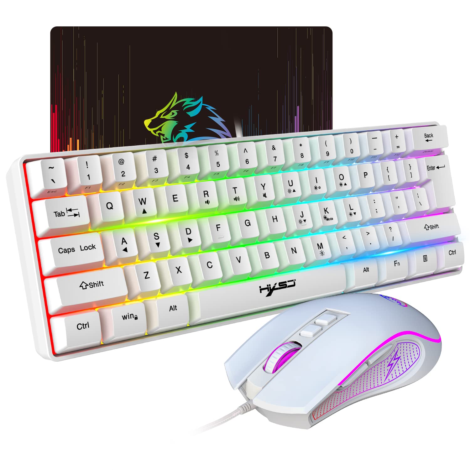 SELORSS 60% RGB Backlit Mechanical Gaming Keyboard and 6400 DPI Wired Gaming Mouse Combo - Compact 61 Keys Keyboard with Lightweight Mouse for PC, Mac, PS5, Xbox - Perfect for Esports, Streaming & Office Work (White)