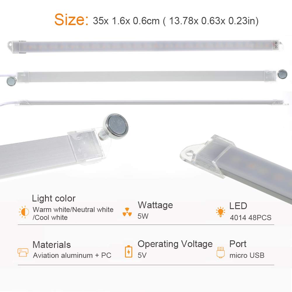 Dimmable LED Under Cabinet Lighting - 3 Color Temperature USB Reading Light Strip, Eye-Care Desk Lamp for Craft Table, Piano, Music Stand, Kitchen & Shelf | Perfect for Reading, Cooking, Crafting & Home Office Workspaces