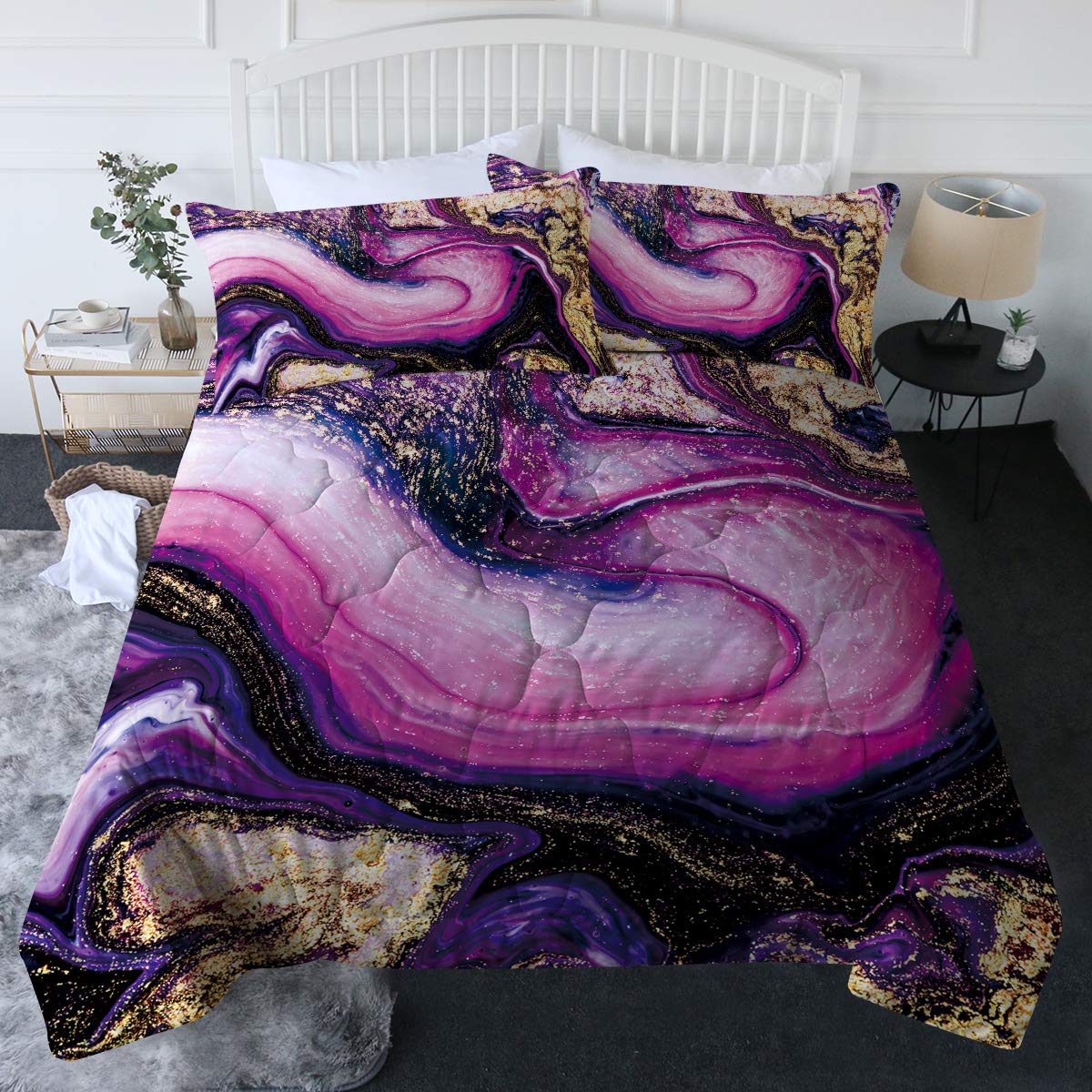 **BlessLiving 3-Piece Purple Marble Comforter Set with Pillow Shams – Funky Pink Reversible Bedding, 3D Printed Designs, Full/Queen Size – Ultra Soft, Machine Washable – Perfect for Modern Bedrooms & Guest Rooms**