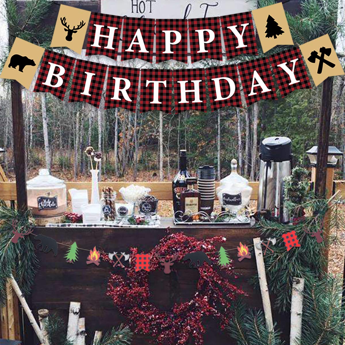 Lumberjack 2nd Birthday Party Decorations for Boys - Two Wild Themed Decor Set in Black & Red Buffalo Plaid - Complete 2nd Birthday Party Supplies for Outdoor, Camping or Rustic Theme Celebrations