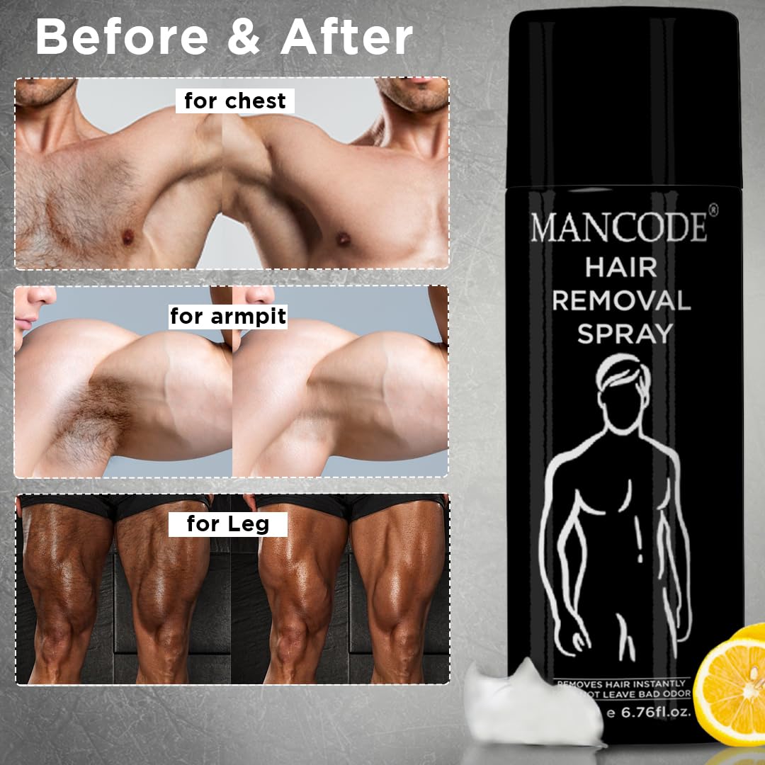 Mancode Hair Removal Spray for Men - Painless Body Hair Remover for Back, Chest, Legs, Arms & Intimate Areas - Fast Acting in 3-6 Minutes - 200ml - Ideal for Smooth Skin Before Beach, Gym or Date Night