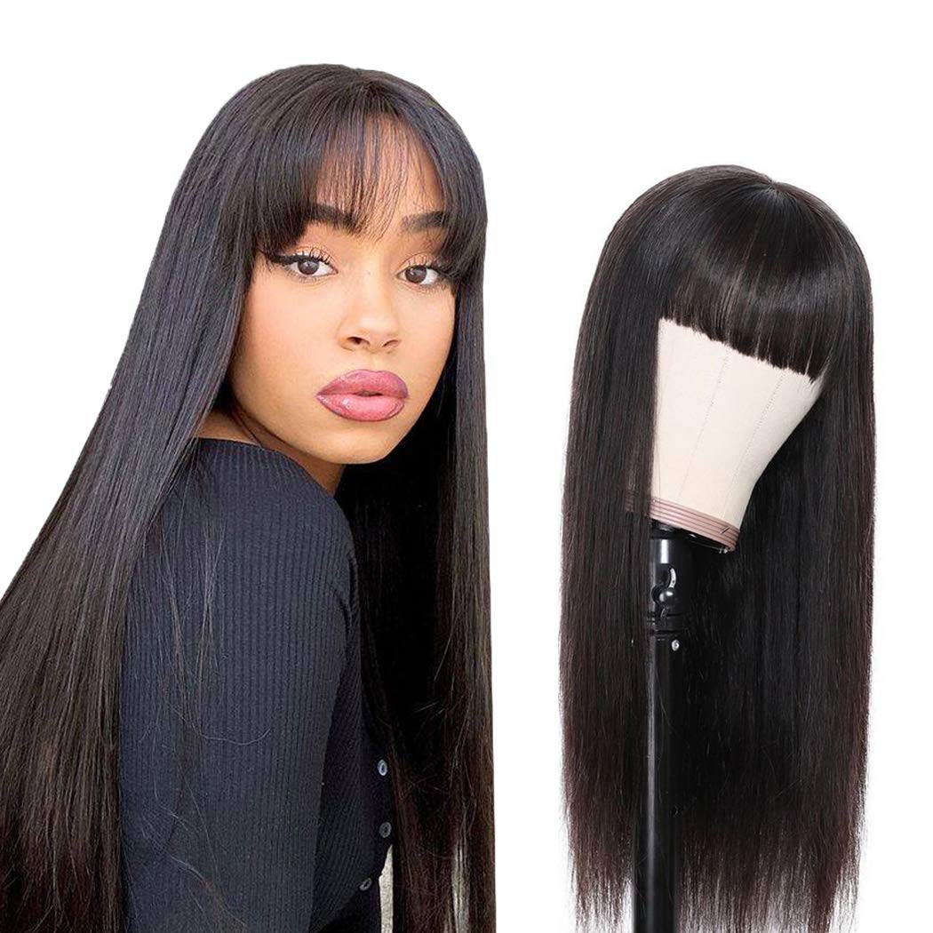 Peruvian Straight Human Hair Wigs with Bangs - 150% Density Machine Made Non-Lace Front Wig for Women (22 Inch, Natural Black) | Everyday Wear, Cosplay & Special Occasions
