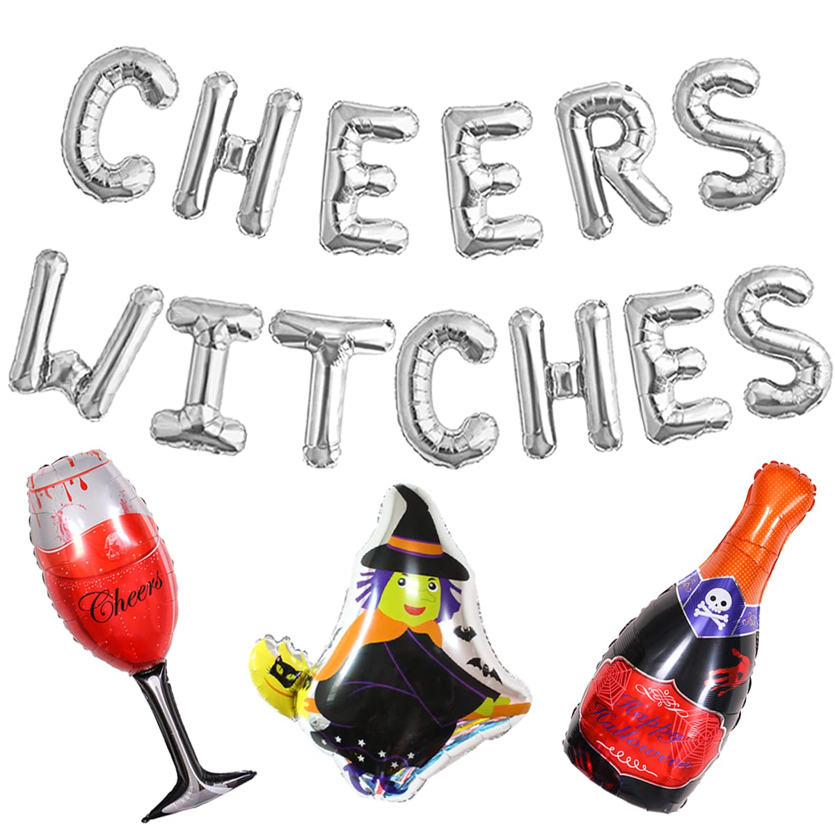 Halloween Bachelorette Party Decorations Set - Silver 'Cheers Witches' Balloons, Banner & Champagne Glasses for Witch Theme Birthday, Engagement, Hen Night | Perfect for Halloween Decorations, Girls Night Out & Themed Parties