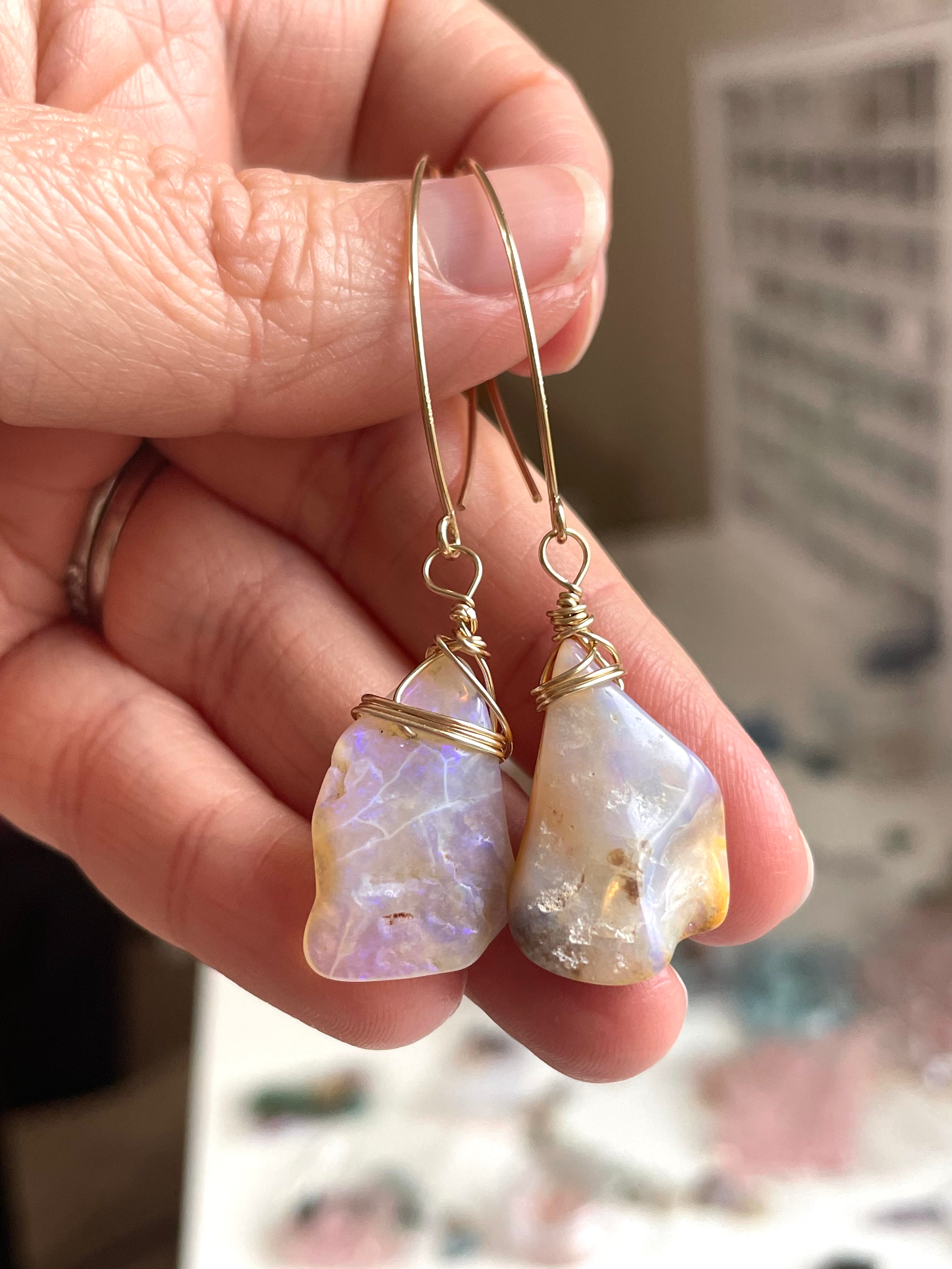 Large Australian Opal Dangle Earrings in Gold Filled - Elegant Statement Jewelry for Women, Perfect for Parties, Weddings & Special Occasions