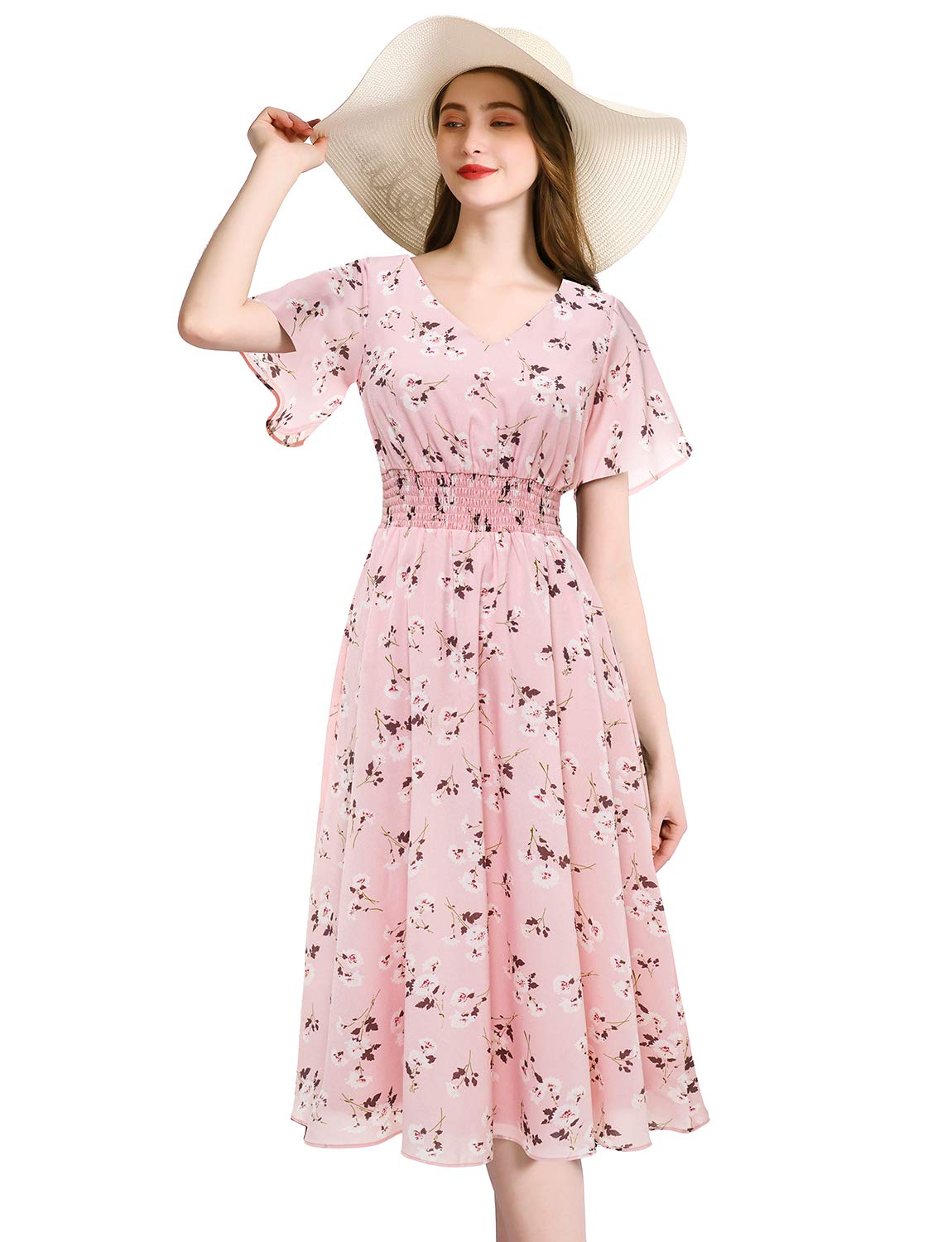 Gardenwed Women's Floral Chiffon Summer Dress - Elastic Waist Sun & Beach Dress for Outdoor Parties, Vacations, and Casual Wear