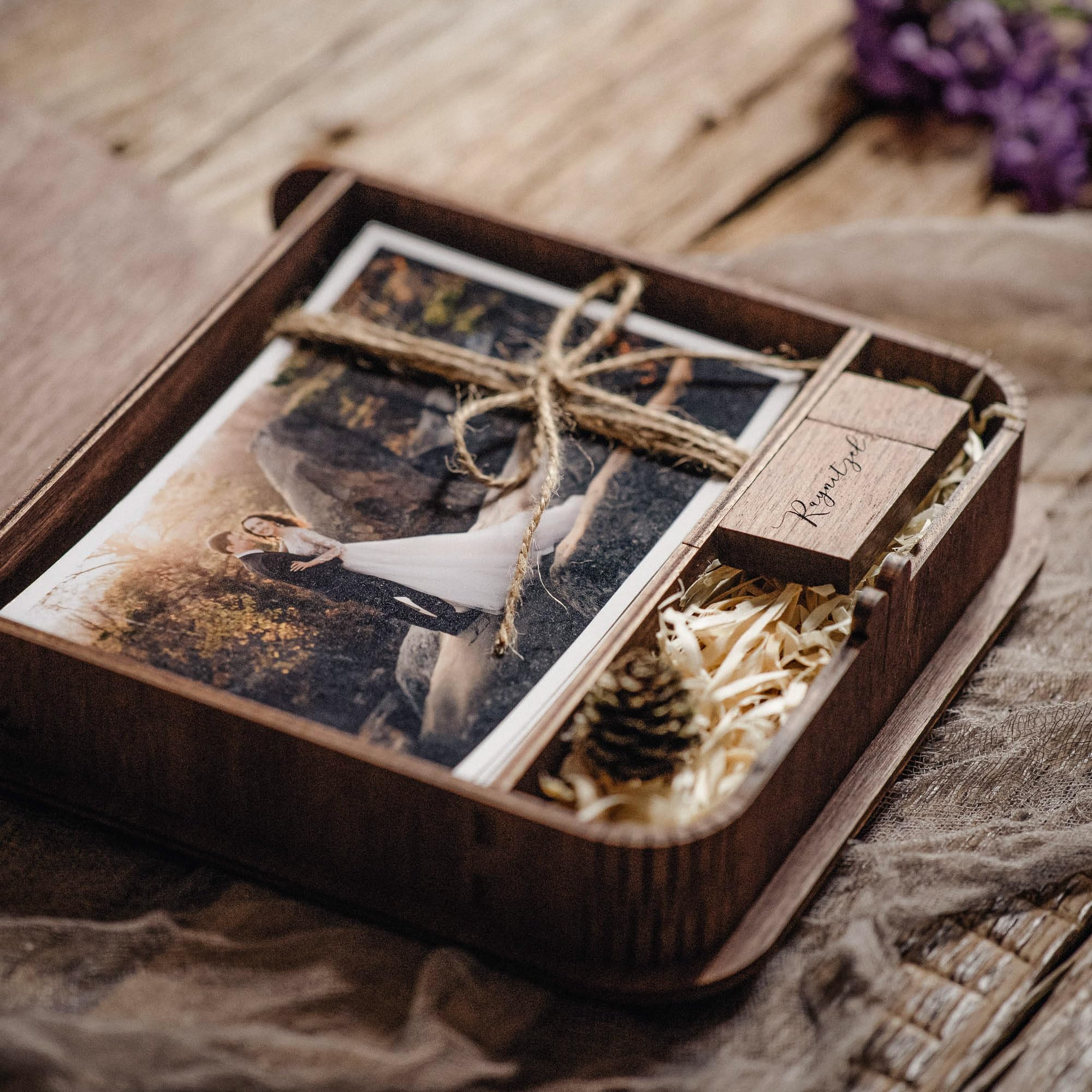 Personalized Wooden Wedding Photo Box with USB Drive - Custom Engraved Anniversary Gift for Couples - Walnut Keepsake Memory Box for 4x6