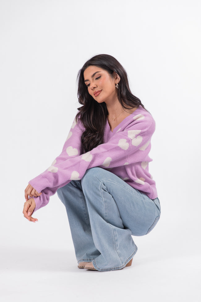 By The Book Lilac Hearts V Neck Sweater for Women - Cozy Knit Pullover Perfect for Date Night, Office Wear & Casual Outfits (Final Sale)