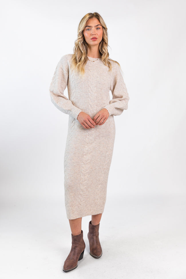 Stay On Your Mind Oatmeal Cable Knit Midi Dress - Cozy Winter Sweater Dress for Women | Perfect for Holiday Parties, Date Nights & Office Wear