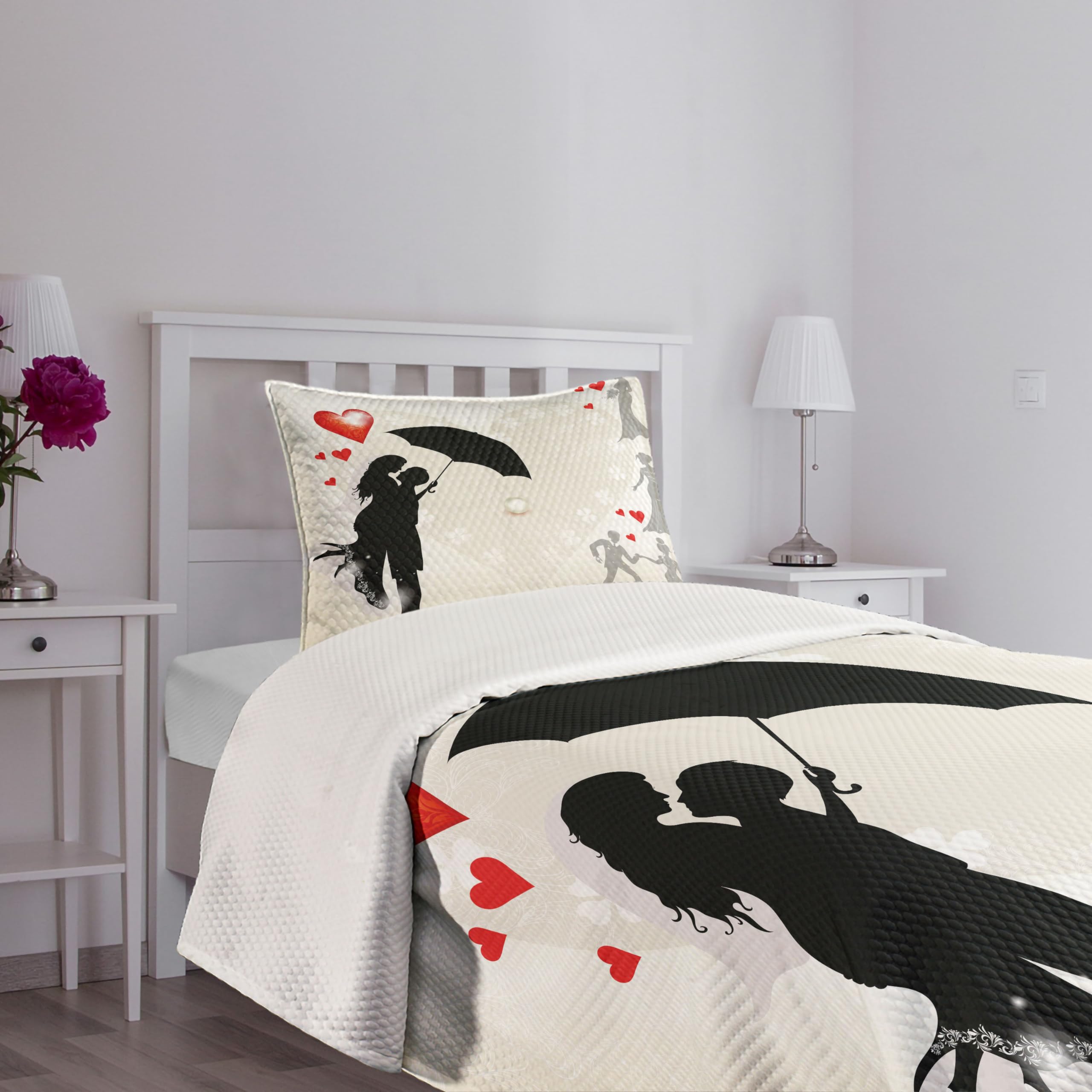 Ambesonne Romantic Wedding Bedspread Set - 3 Piece Twin Size Bedding with Love Umbrella & Heart Daisies Design (Black/White/Red) - Perfect for Anniversary Gifts, Honeymoon Suite Decor & Couples Bedroom