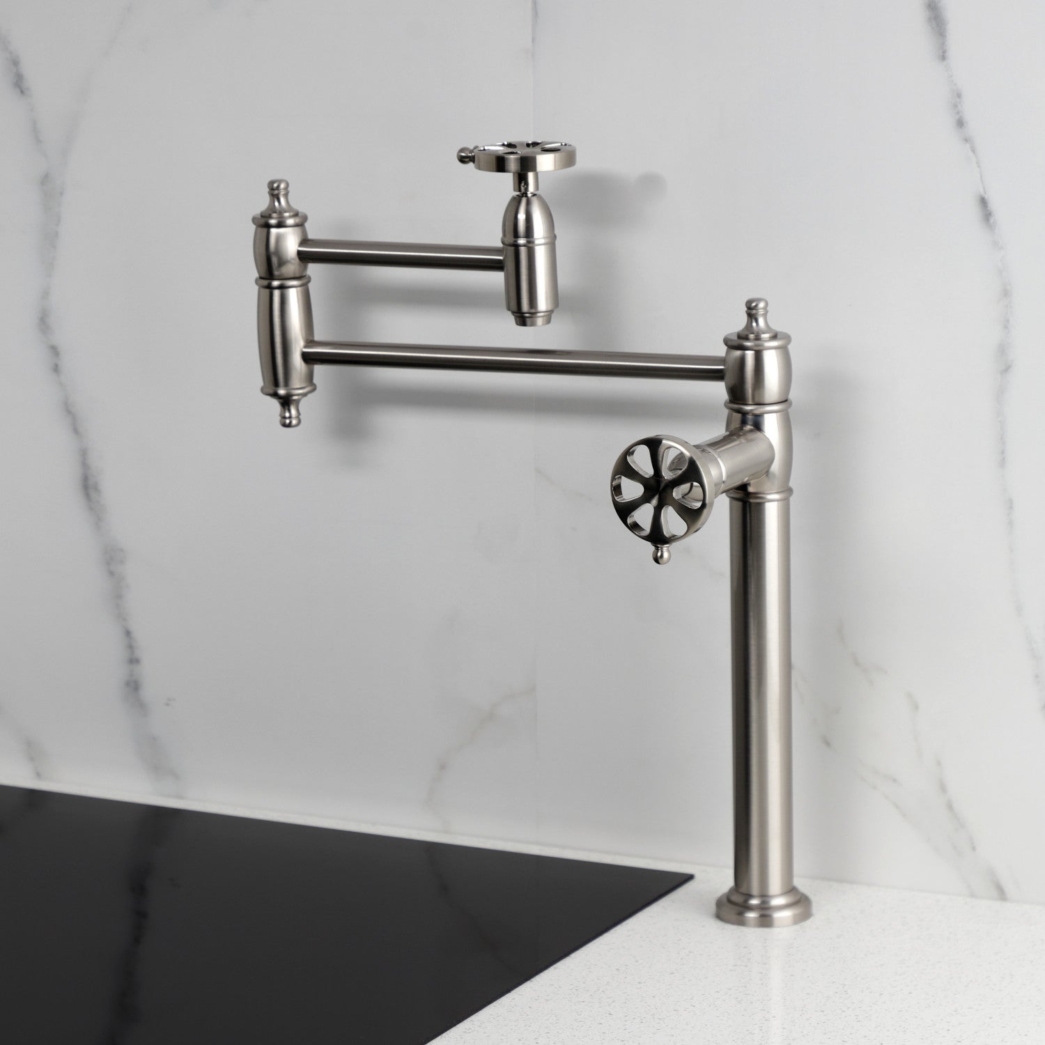 Belknap KS3708RX Brushed Nickel Two Handle Deck Mount Pot Filler Faucet - Ideal for Kitchen Sink, Stove, and Cooking Area