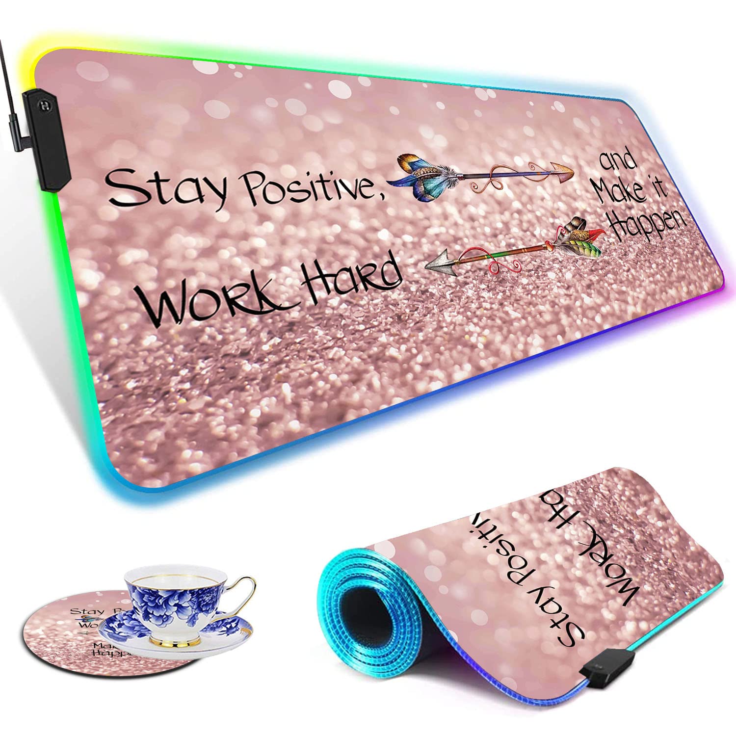 RGB LED Gaming Mouse Pad - Large Non-Slip Desk Mat with Pink 