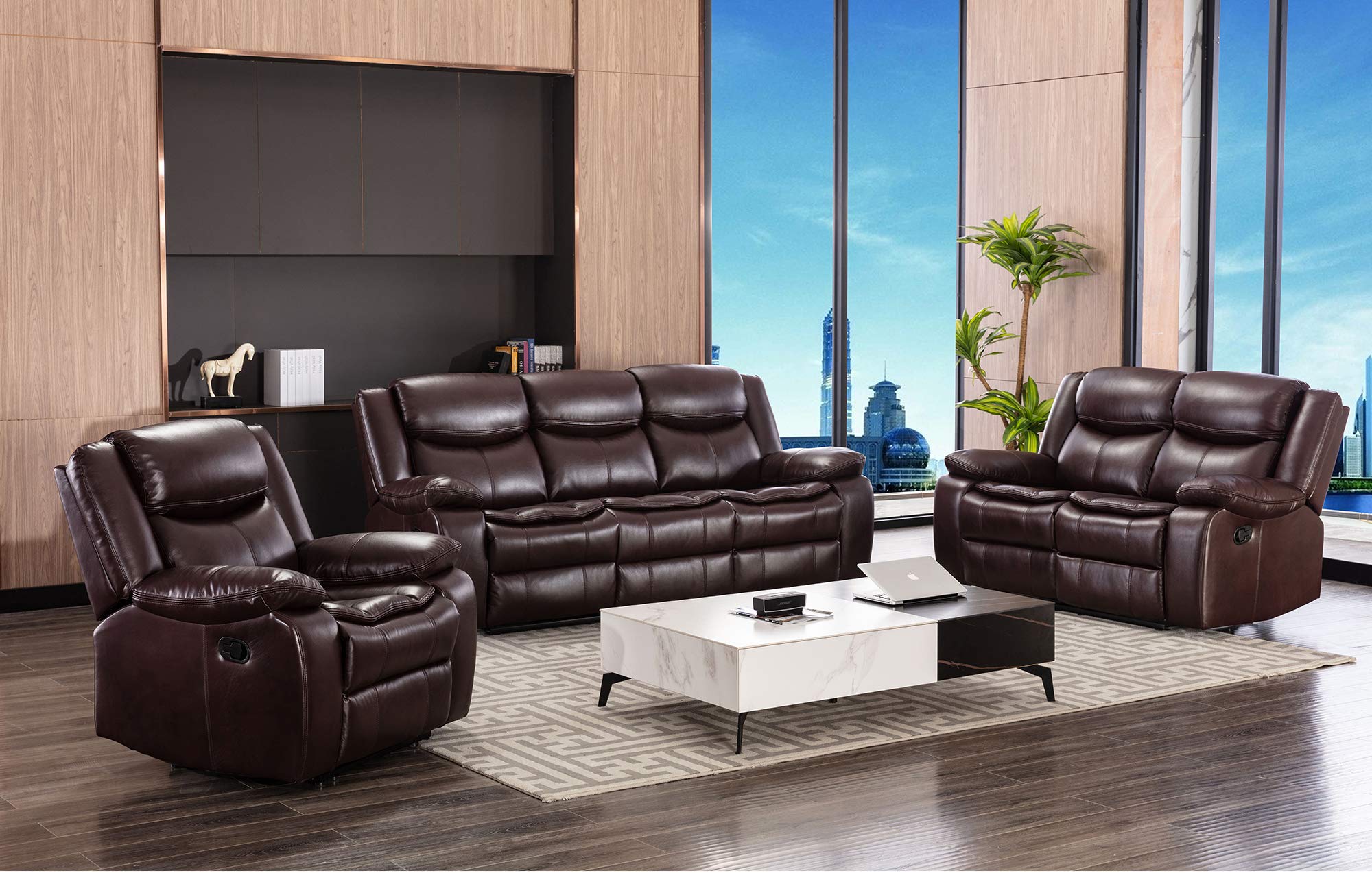 Familymill Breathable Leather Manual Reclining 3-Seat Sofa - Comfortable Living Room Furniture for Home Theater, Family Gatherings & Relaxation
