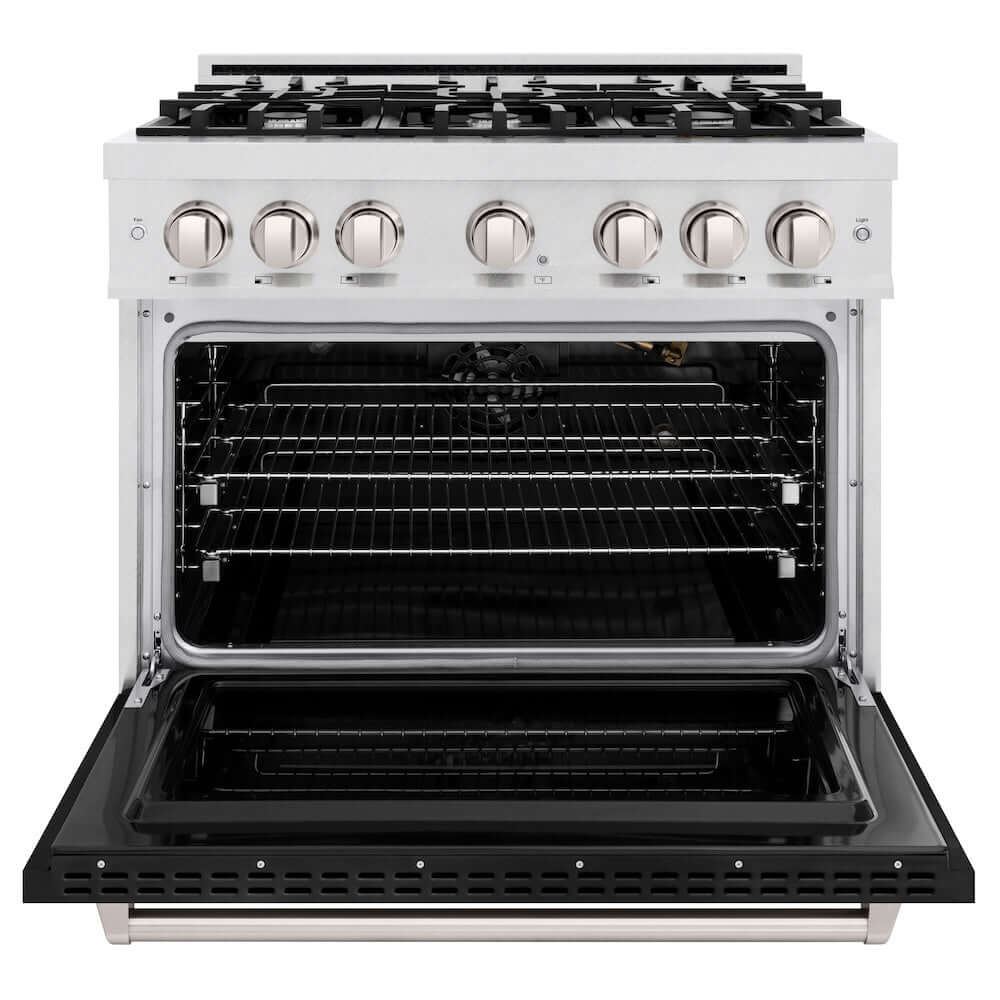 ZLINE 36 Inch 5.2 Cu. Ft. Classic Gas Range with 6 Burner Cooktop & Convection Gas Oven - Satin Stainless Steel with Black Matte Door (CGRS BLM 36) | Professional Kitchen Appliance for Home Chefs & Cooking Enthusiasts