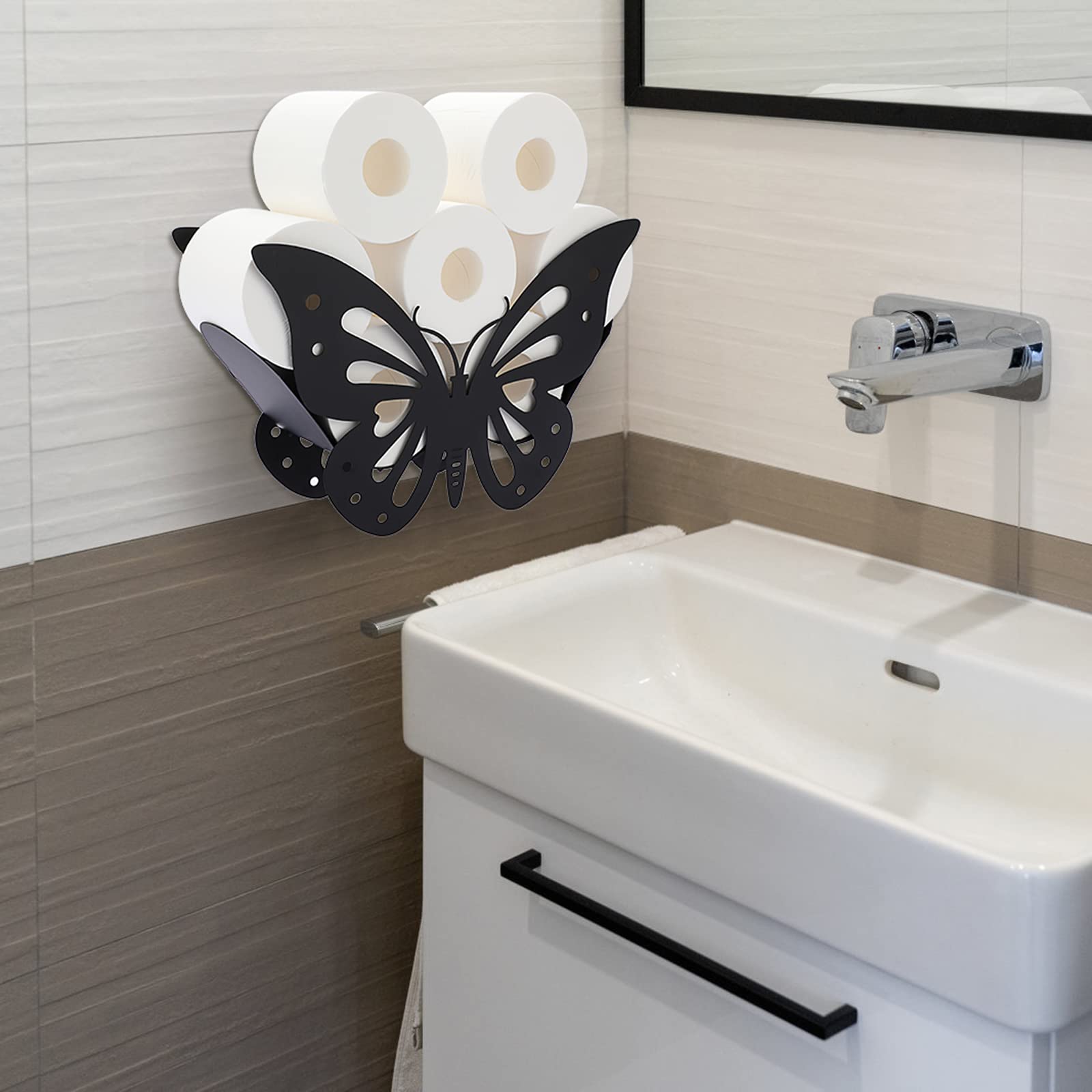 Freestanding Metal Toilet Paper Holder - Black Butterfly Design for Bathroom, Kitchen, or Office | Decorative Toilet Paper Organizer for Table, Counter, Floor & Wall Storage | Sumnacon Toilet Paper Roll Stand