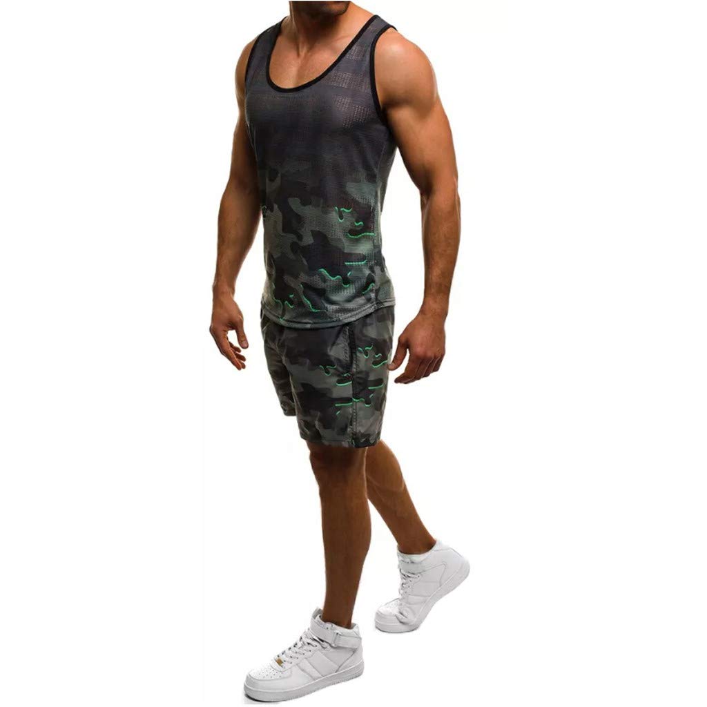 Men's 2-Piece Camouflage Mesh Workout Set - Sleeveless Tank Top & Shorts Activewear Outfit for Gym, Running, and Jogging