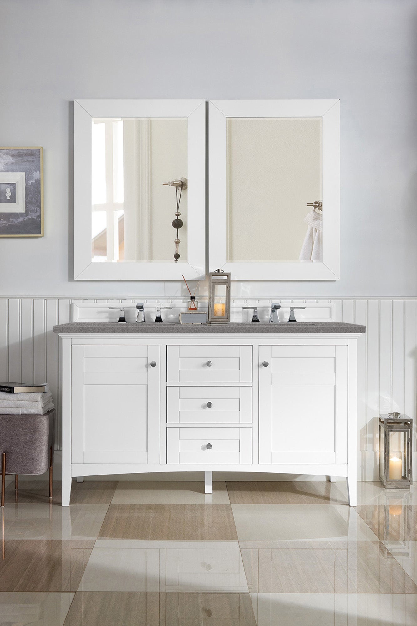 Palisades 60 Inch Double Vanity with 3CM Grey Expo Quartz Top - Bright White Bathroom Vanity Set for Modern & Luxury Master Bathroom Remodel