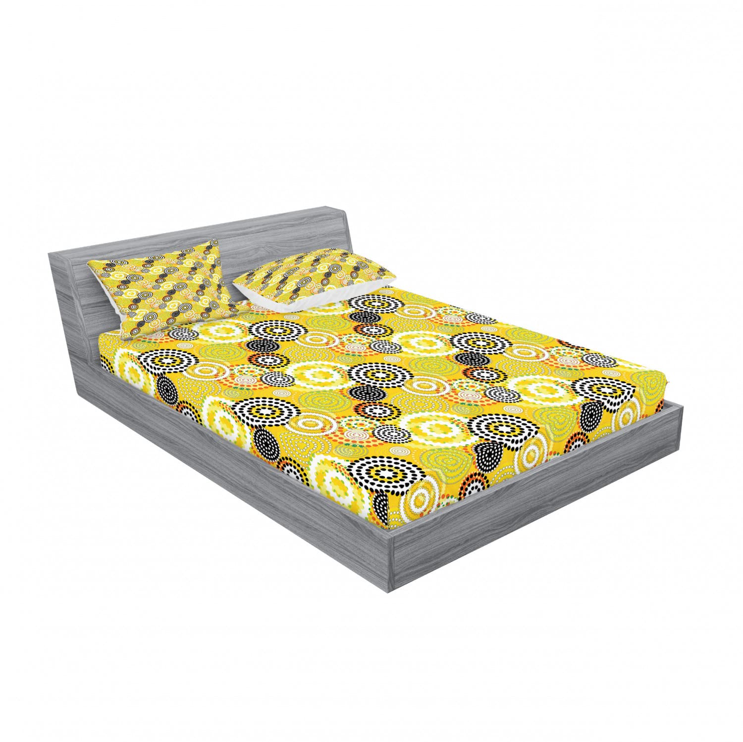 Ambesonne Geometric 2-Piece Full Size Fitted Sheet Set with 4 Pillow Shams - Psychedelic Ring Pattern in Mustard Yellow | Modern Bedroom Decor for Guest Rooms & Dorm Essentials