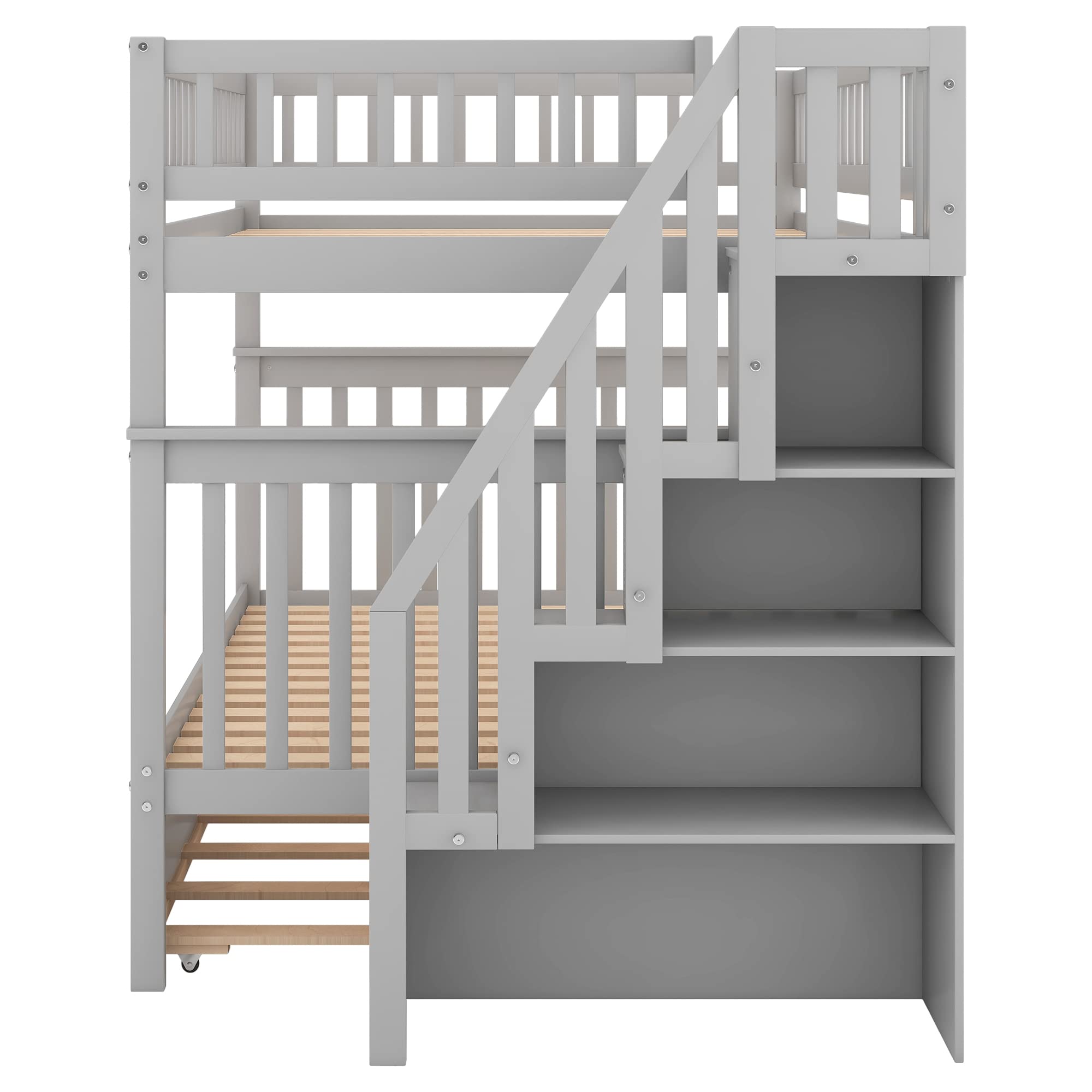 Solid Wood Full Over Full Bunk Bed with Trundle & Staircase - Convertible to 2 Separate Beds, Built-in Storage Shelf & Safety Rail for Kids/Teens - Space-Saving Solution for Small Bedrooms, Guest Rooms or Vacation Homes (Grey)