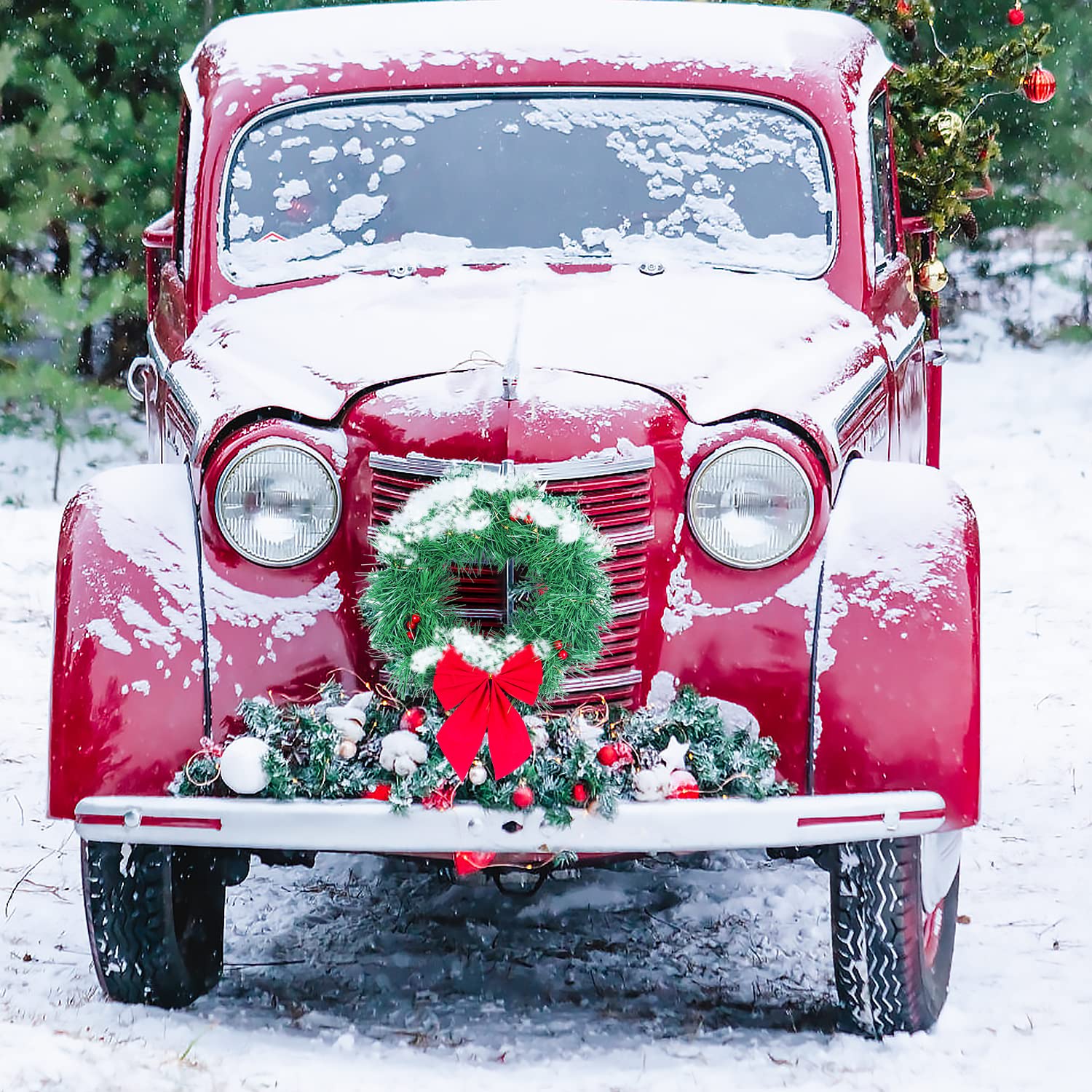 Christmas Car Decoration Wreath with Lights - Festive Holiday Auto Accessory for Car, Truck, SUV - Includes Mounting Kit - Perfect for Road Trips & Holiday Parades