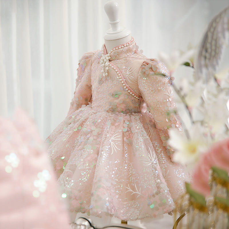 Sparkling Pink Sequined Flower Girl Dress with Mock Neck & Long Sleeves - Perfect for Weddings, Pageants & Special Occasions