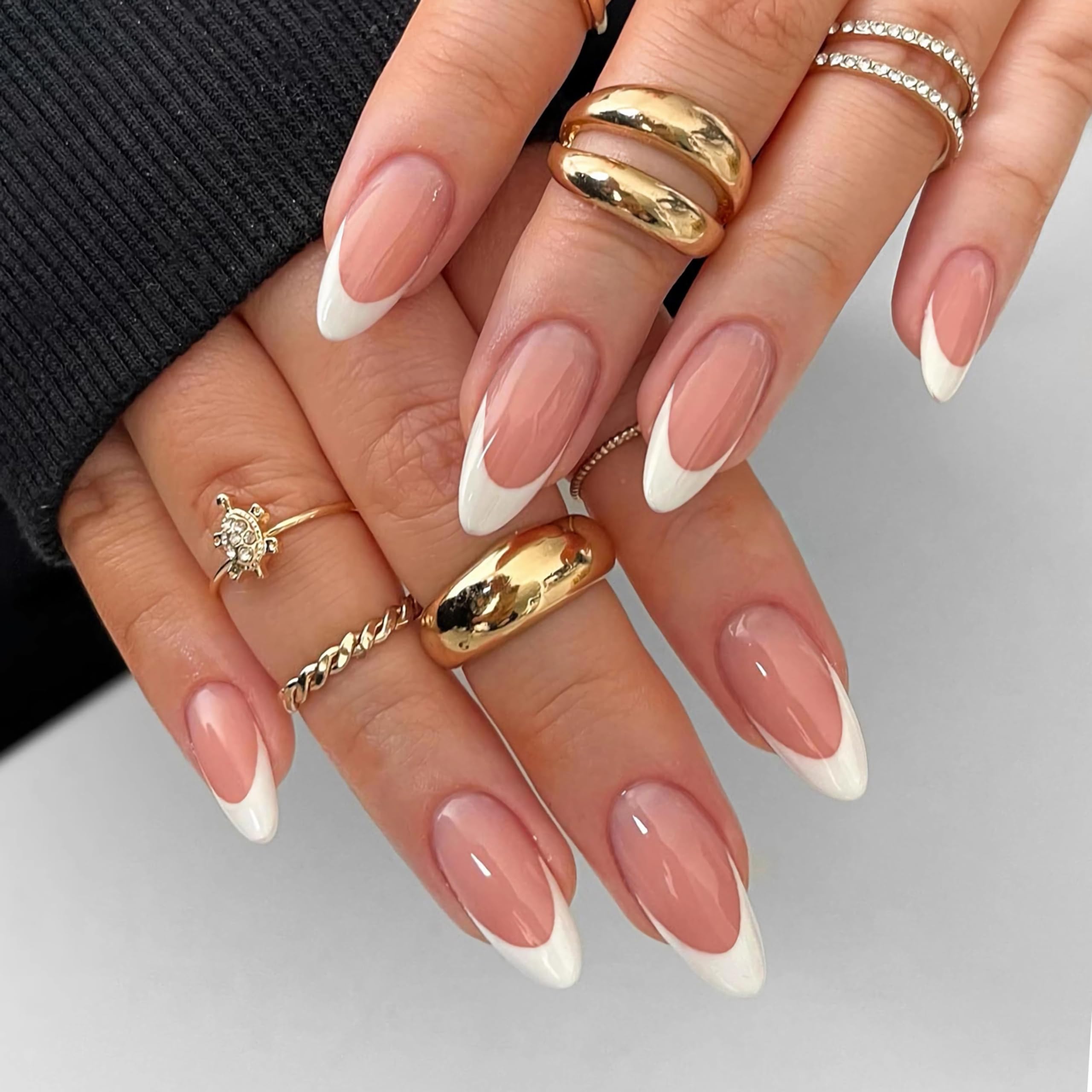 Almond Press on Nails - Brown Nude French Fake Nails Medium Length, Glossy Full Cover Glue on Nails for Women, Natural Fit Acrylic Stick on Nails in 12 Sizes (24-Piece Kit) - Perfect for Daily Wear, Parties, Weddings & Special Occasions