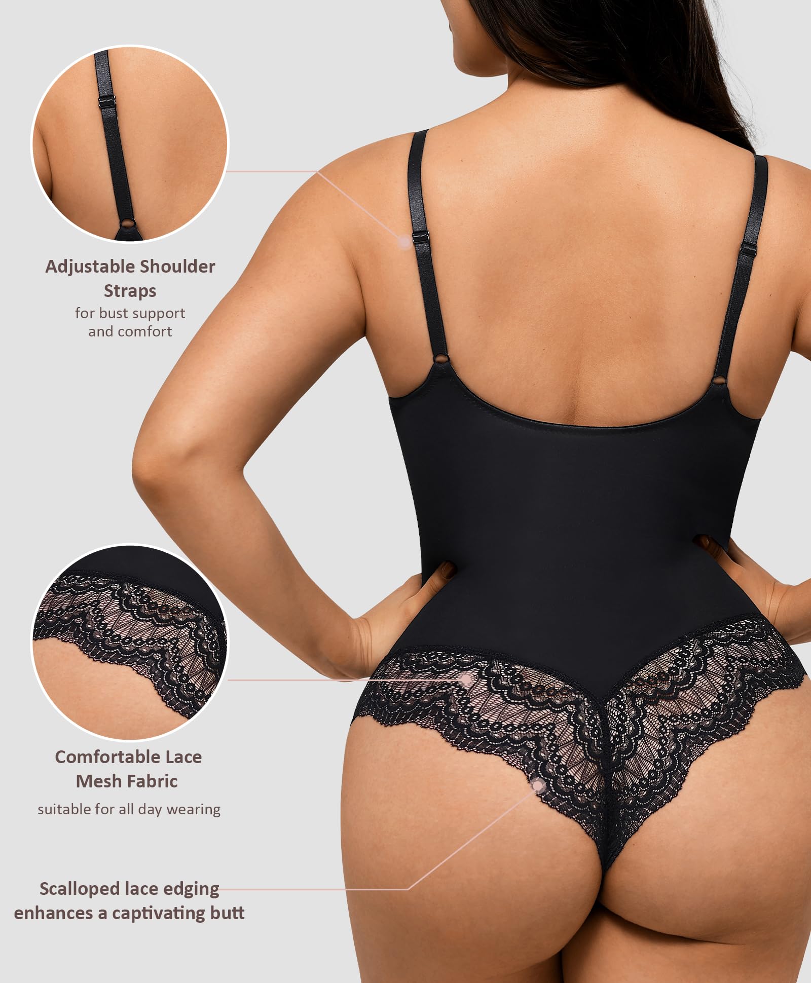 FeelinGirl Women's Lace Bodysuit - Tummy Control Shapewear with V-Neck & Thong | Corset Slimming Bodysuit for Everyday Wear & Special Occasions