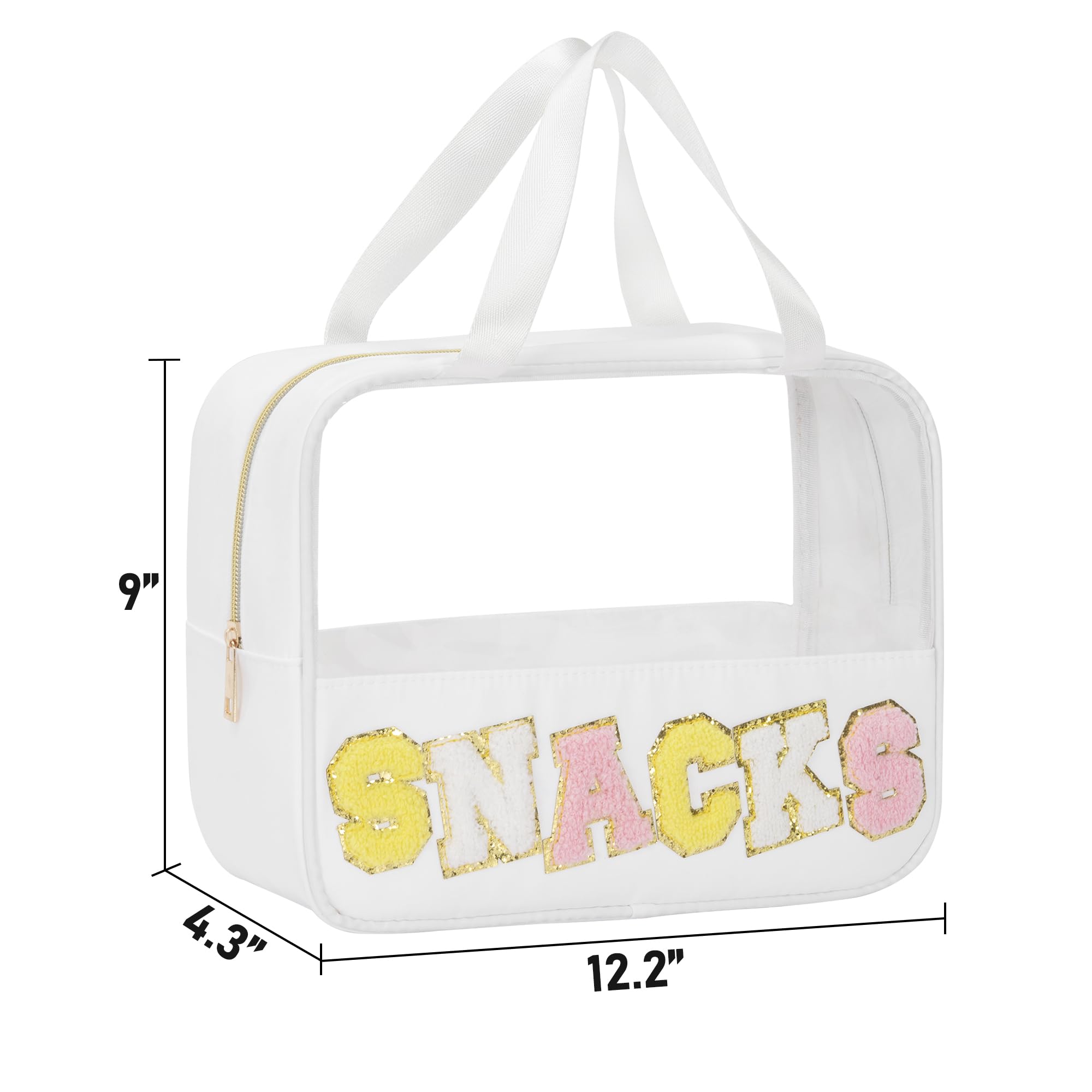 Chenille Letter Snacks Bag - Clear TPU & Nylon Zipper Pouch with Handle for Travel, Makeup, Toiletries & Organizing | Multi-Purpose Cosmetic Storage for Women | Perfect for School, Gym, Beach & Daily Use (White)