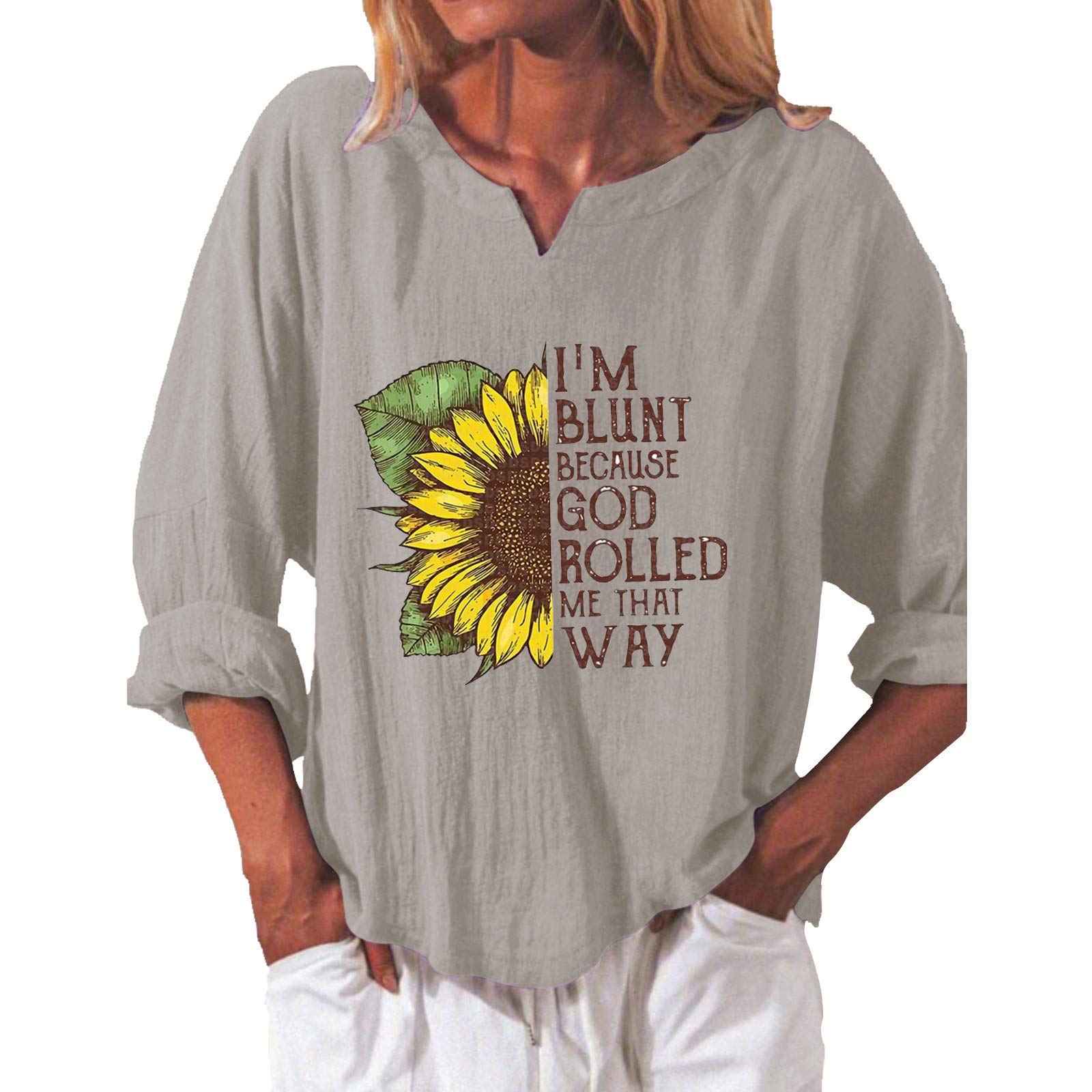 Women's Long Sleeve V-Neck Sweatshirt - Fall Pullover Tunic Top with Sunflower Print - Casual Graphic Tee Blouse for Work, Weekend & Autumn Outings