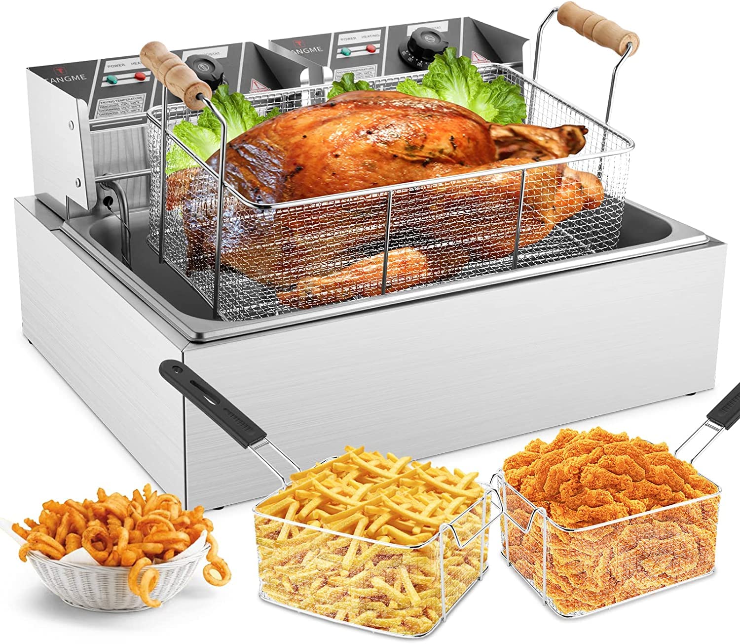 Commercial Deep Fryer 3400W Electric Countertop Fryer with 3 Baskets - 22L/23.25Qt Stainless Steel Restaurant Fryer with Temperature Limiter & UL Certification - Perfect for Fast Food, Chicken Wings, French Fries & Donuts