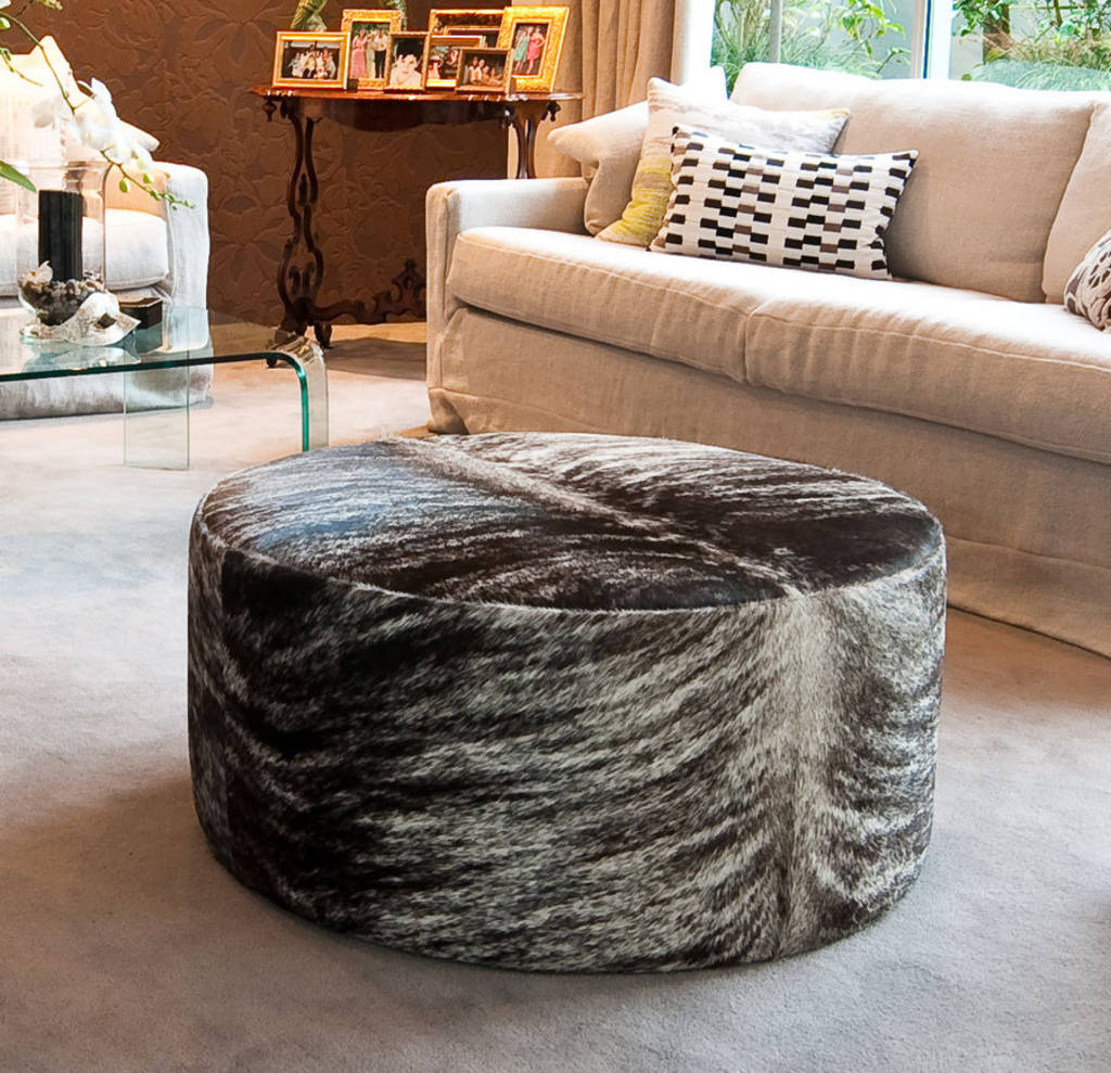Premium Cowhide Round Ottoman with Deep Seat - 80x80x38cm - Luxury Home Decor for Living Room, Bedroom & Office