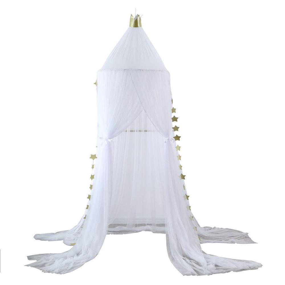 Eimilaly Princess Bed Canopy with Stars & Crown - 7-Door Mosquito Net for Girls' Room Decor | White Encrypted Fabric | Perfect for Kids' Bedrooms, Sleepovers & Fantasy Themed Decorations