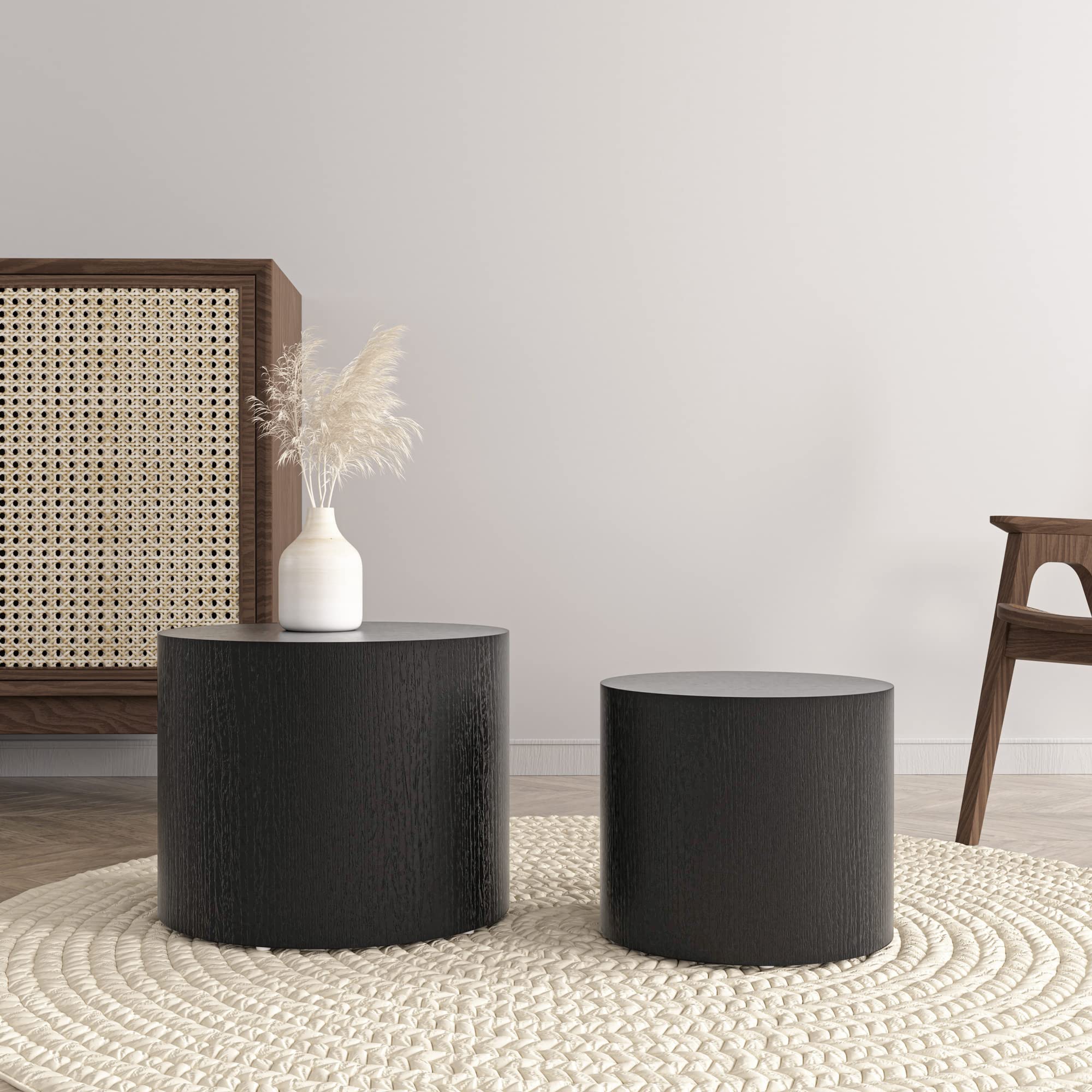 Yoglad 2-Piece Nesting Coffee Table Set with Ottoman - 18 Inch Round Wood Side Tables in Matte Black for Living Room & Office - No Assembly Required - Perfect for Small Spaces, Modern Decor & Extra Seating