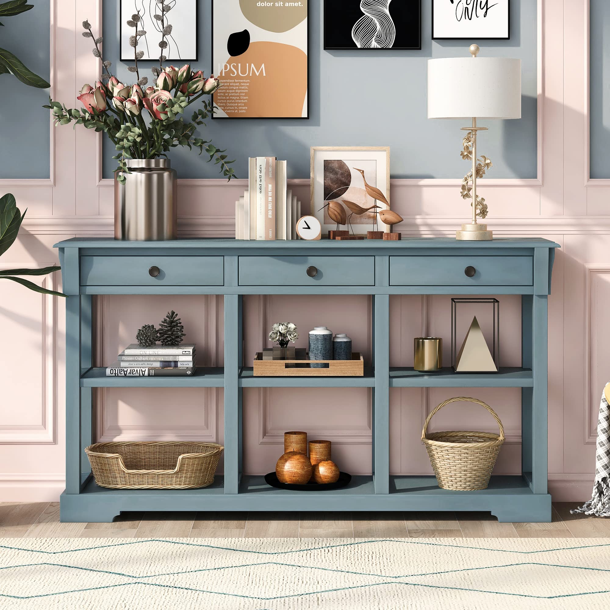 Solid Wood Console Table with 3 Drawers & Open Shelves - Retro Kitchen Buffet Cabinet Sideboard with Ample Storage for Entryway, Living Room, Bedroom - Teal Blue Finish | Perfect for Hallway Decor, Farmhouse Style Dining Room & Cozy Bedroom Organization