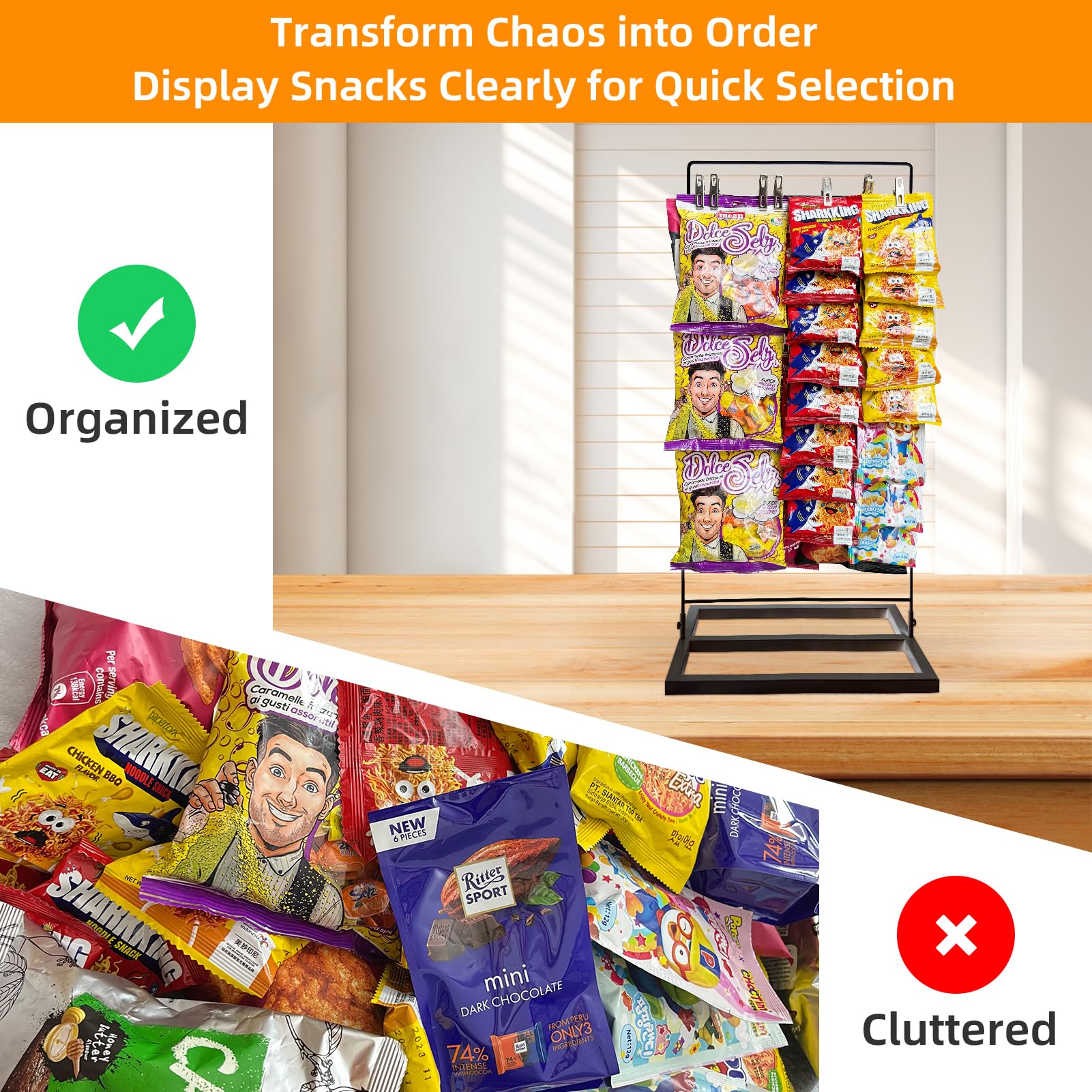 **Thickened Base Chip Rack Display Stand with 40 Clips - Snack & Chip Bag Holder for Pantry Organization, Party Serving, and Concession Stand Supplies (Black, Medium)**    **Usage Scenarios:** Perfect for organizing snacks in pantries, displaying chips at parties, or enhancing concession stand setups.