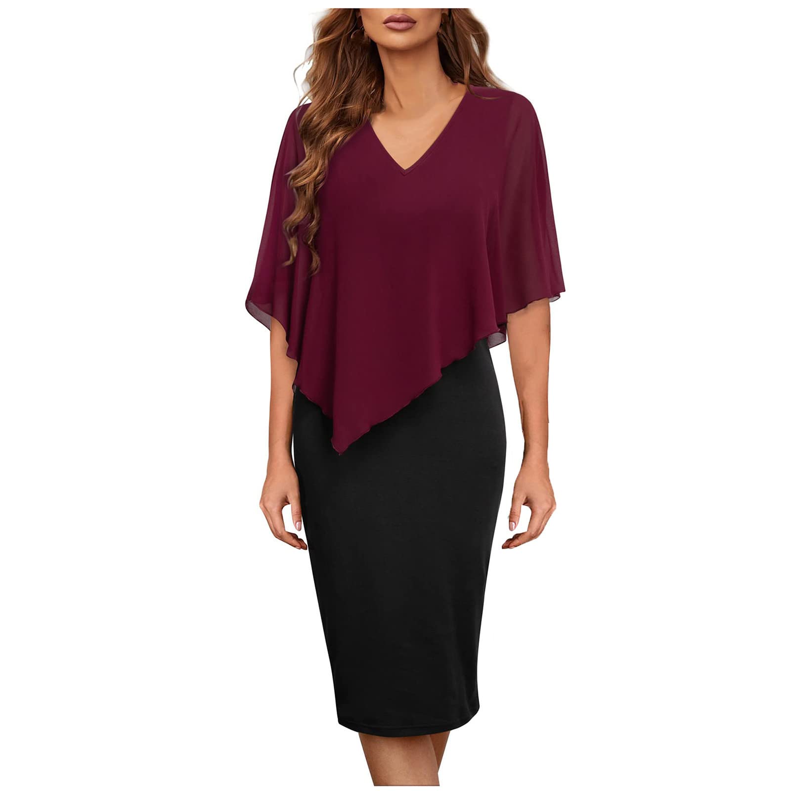 Women's Floral V-Neck Sleeveless Chiffon Cape Dress - Bodycon Pencil Midi Dress for Cocktail Party & Business Wear | Elegant Office Attire & Evening Event Outfit