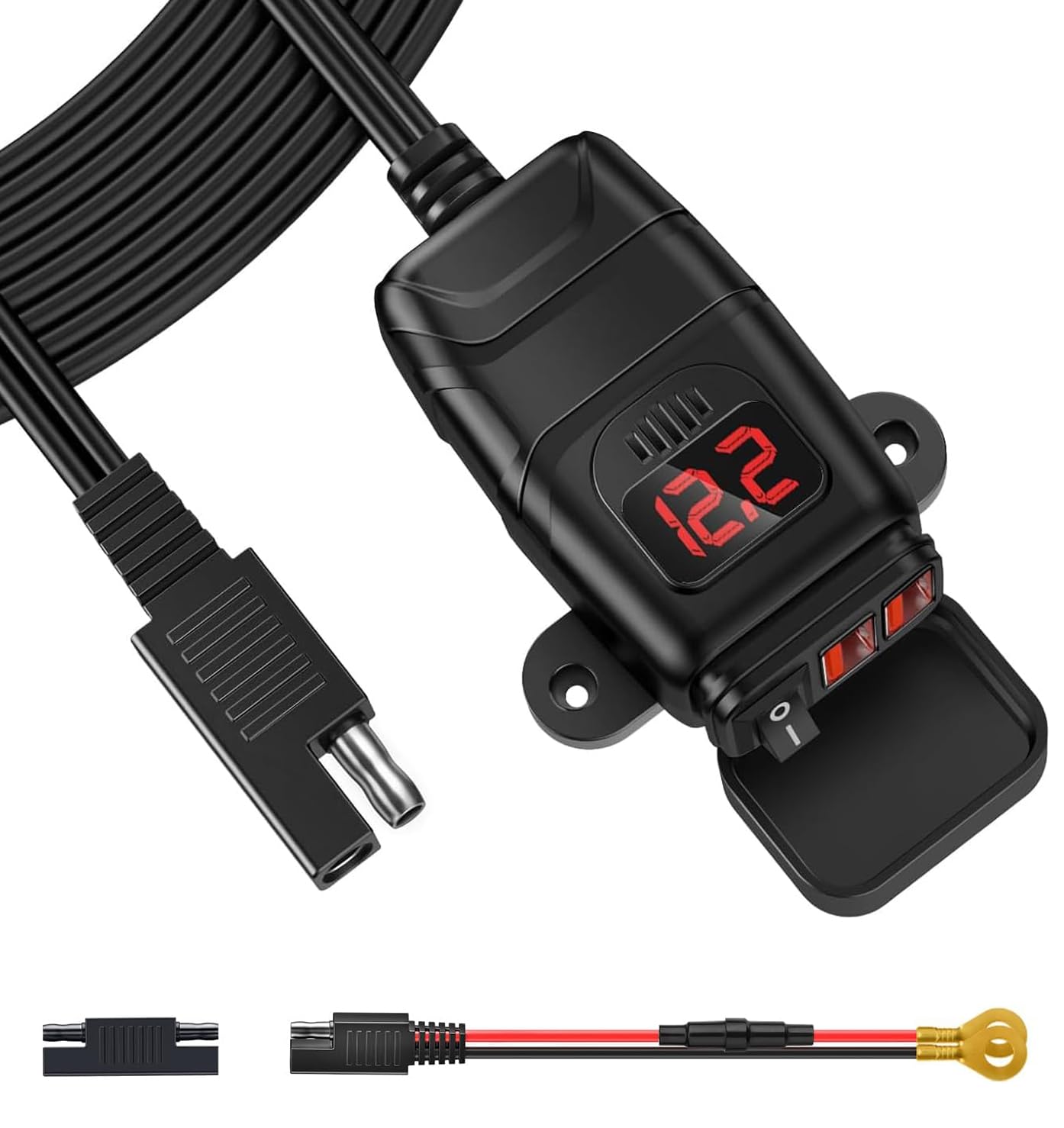 EXTRACTME Motorcycle USB Charger with QC3.0 Fast Charging, Waterproof Dual Port Phone Charger with Voltmeter & On/Off Switch - SAE Quick-Disconnect for Phone, Tablet, GPS - Perfect for Adventure Riding, Commuting & Road Trips