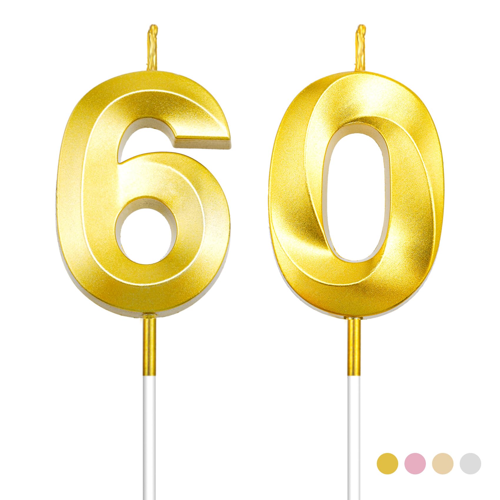 60th Birthday Number Candles - Gold Cake Topper Decoration for Birthday Party, Wedding & Anniversary Celebrations | Elegant Number Candles for Cakes, Cupcakes & Desserts