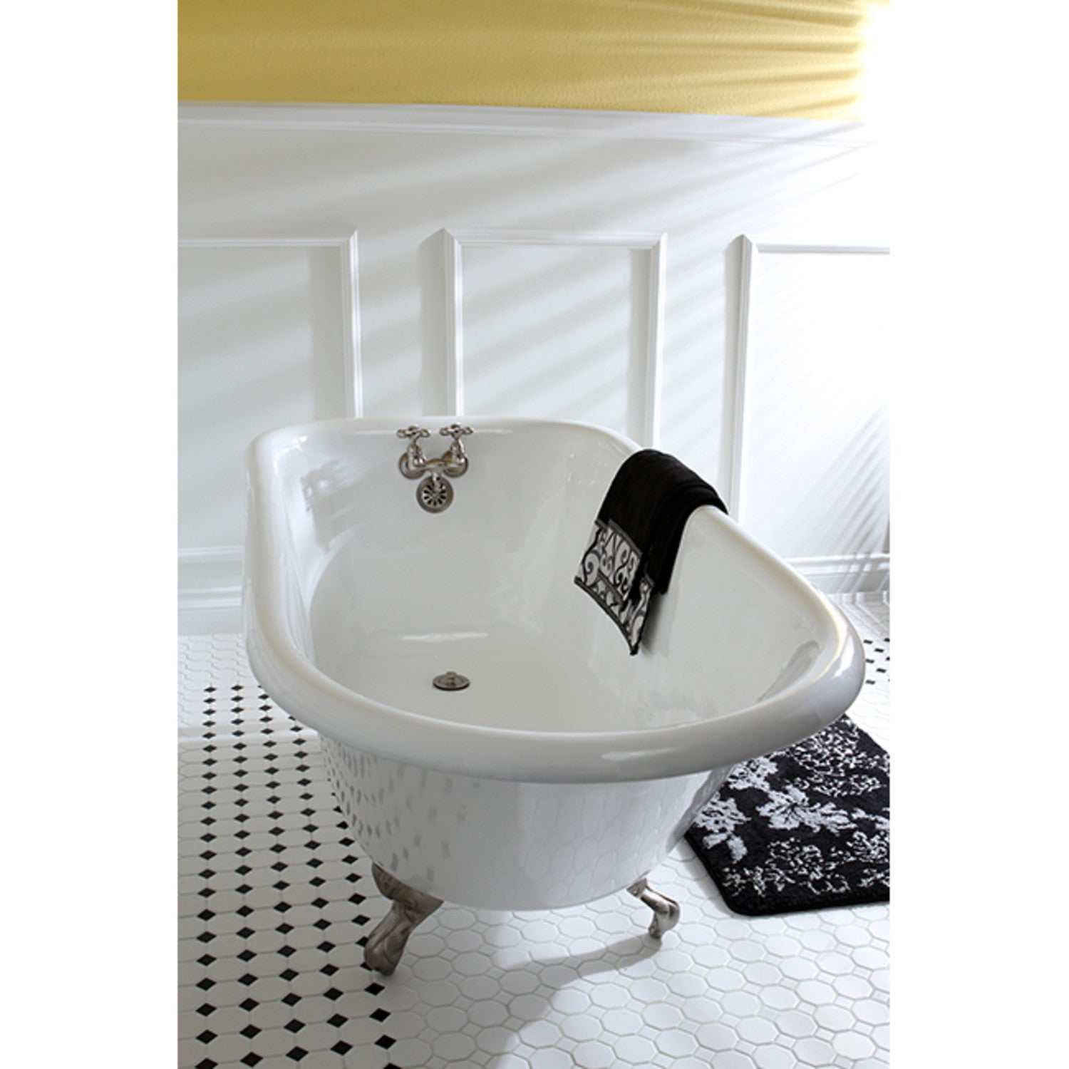 Aqua Eden 60 Inch White Cast Iron Clawfoot Bathtub with Roll Top - Oval Rectangular Design, Brushed Nickel Finish (3 3/8 Inch Wall Drillings) - Perfect for Vintage Bathroom Renovations & Luxury Spa Retreats