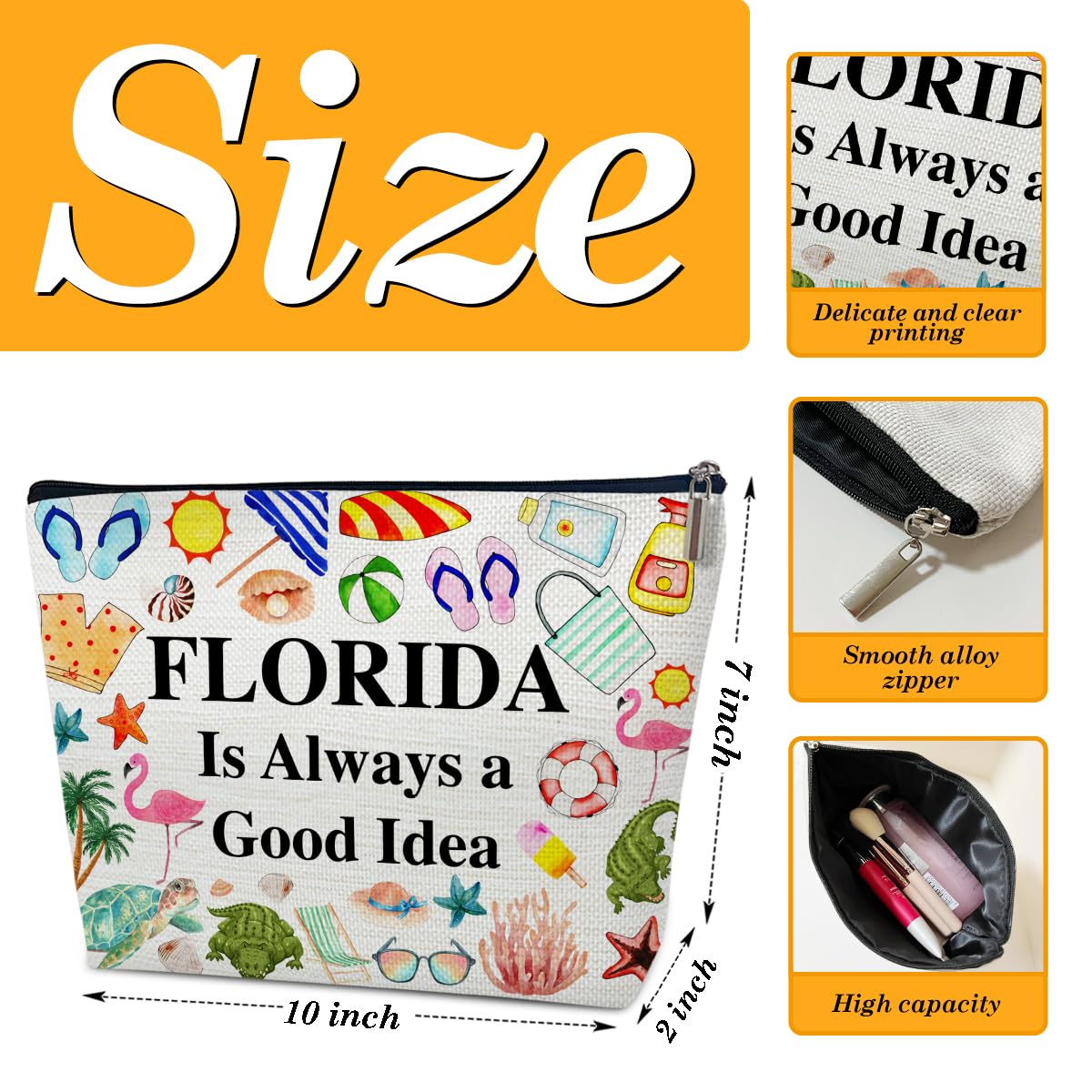 Florida Travel Makeup Bag - Waterproof Cosmetic Organizer for Women | Perfect Florida Girl Gift, Vacation Souvenir & Travel Accessories | Great for Beach Trips, Cruise Vacations & Airplane Carry-Ons