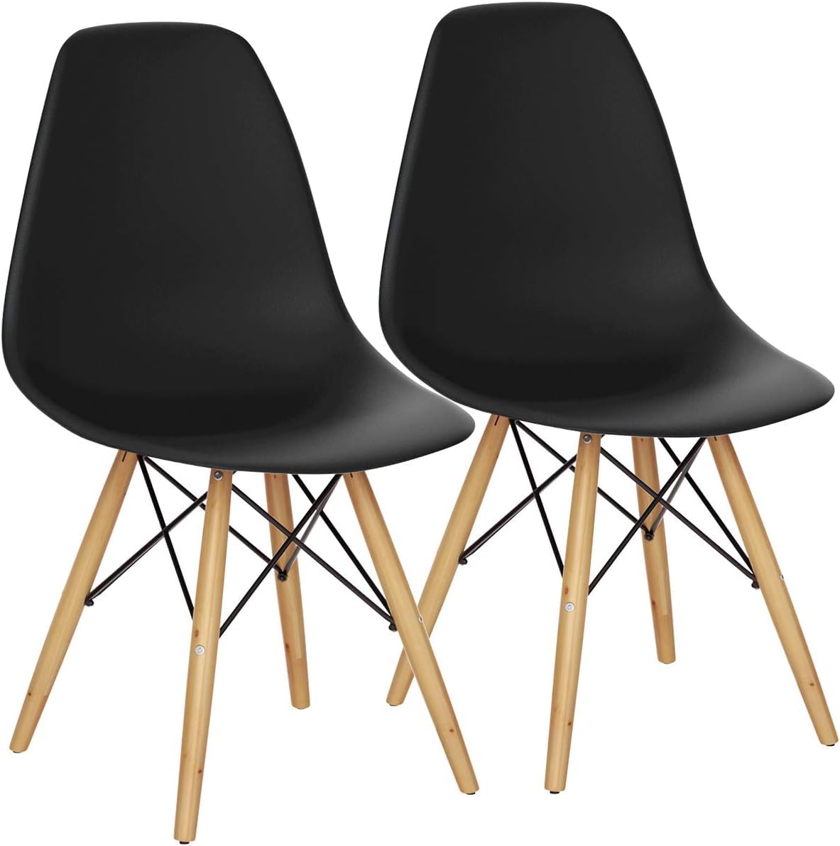 GOFLAME DSW Modern Dining Chairs Set of 2 - Black Shell Plastic Seats with Wooden Legs, Armless Side Chairs for Kitchen, Dining Room, Living Room & Bedroom | Perfect for Small Spaces, Breakfast Nooks & Contemporary Home Decor