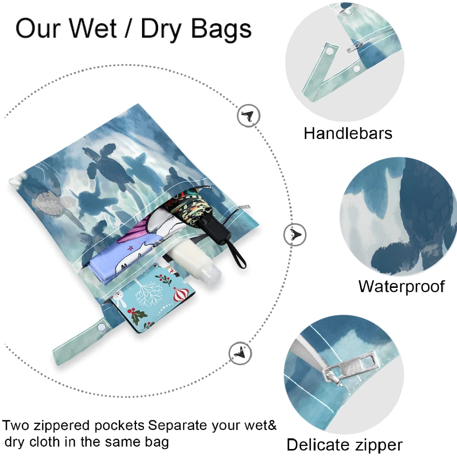 Visesunny 2-Pack Blue Sea Turtle Wet Bags with Zipper Pockets - Reusable & Washable Waterproof Storage for Swimsuits, Gym Clothes, Diapers - Perfect for Beach, Pool, Travel, Daycare & Stroller Organization