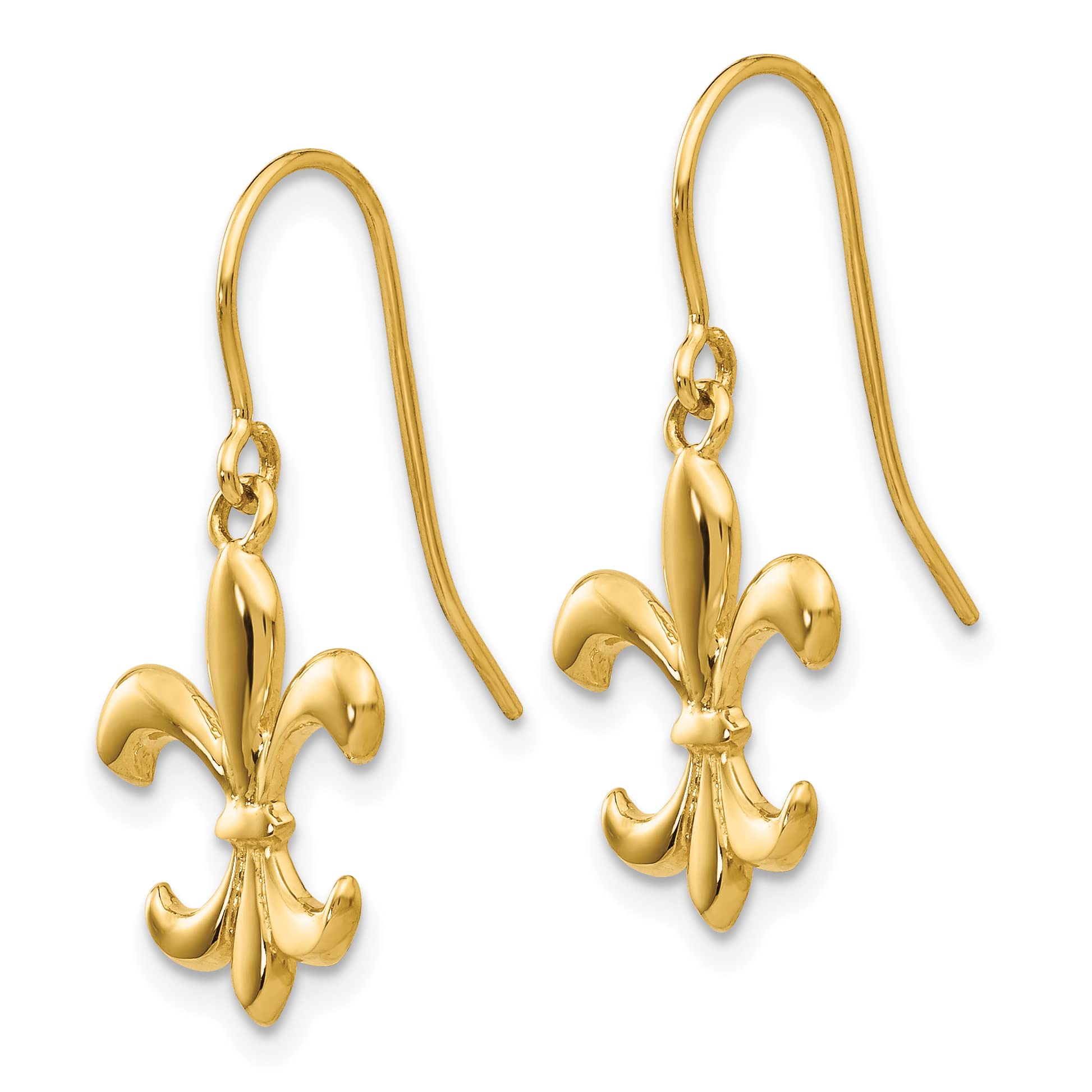 14K Yellow Gold Fleur de Lis Dangle Earrings for Women - 26mm Polished Solid Gold French Symbol Jewelry - Perfect for Weddings, Parties & Special Occasions