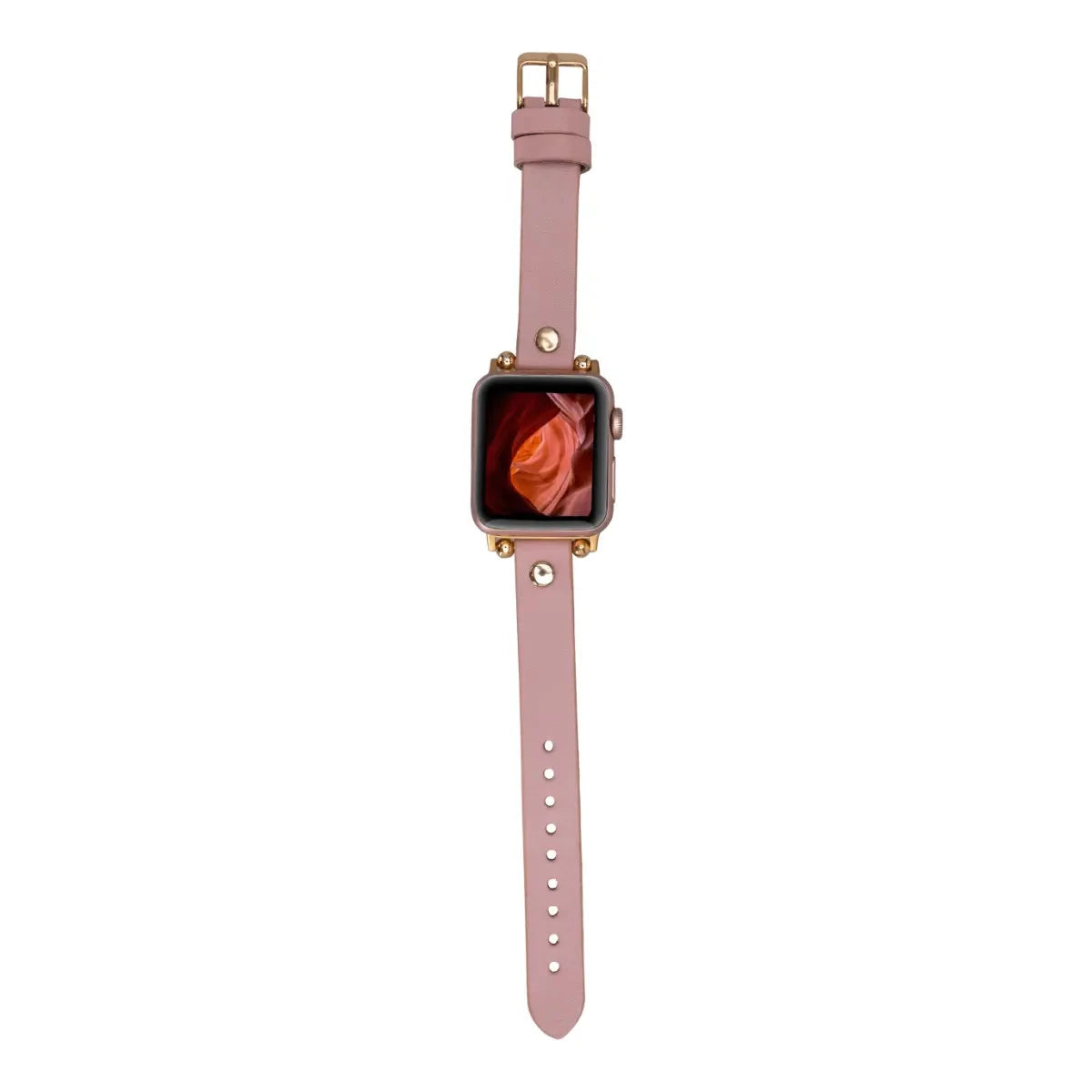 Pink Leather Ultra Slim Apple Watch Band with Gold Rivet - Stylish & Lightweight Replacement Strap for Women & Men - Perfect for Workouts, Office & Everyday Wear