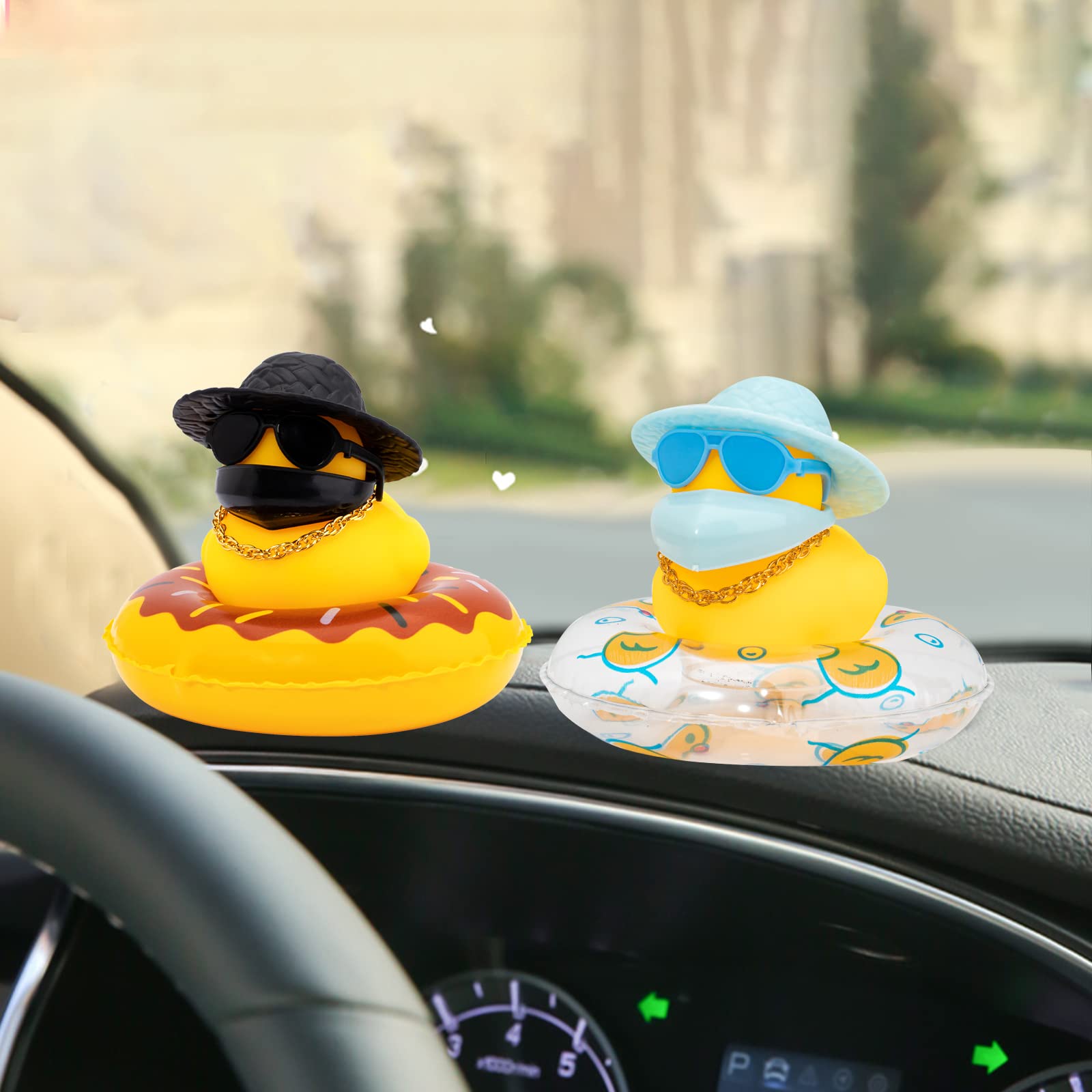 Wonuu Cute Rubber Duck Car Ornament - Blue Hat & Sunglasses - Dashboard Decor with Headband, Swim Ring & Necklace - Perfect for Car Accessories, Gifts & Fun Decoration