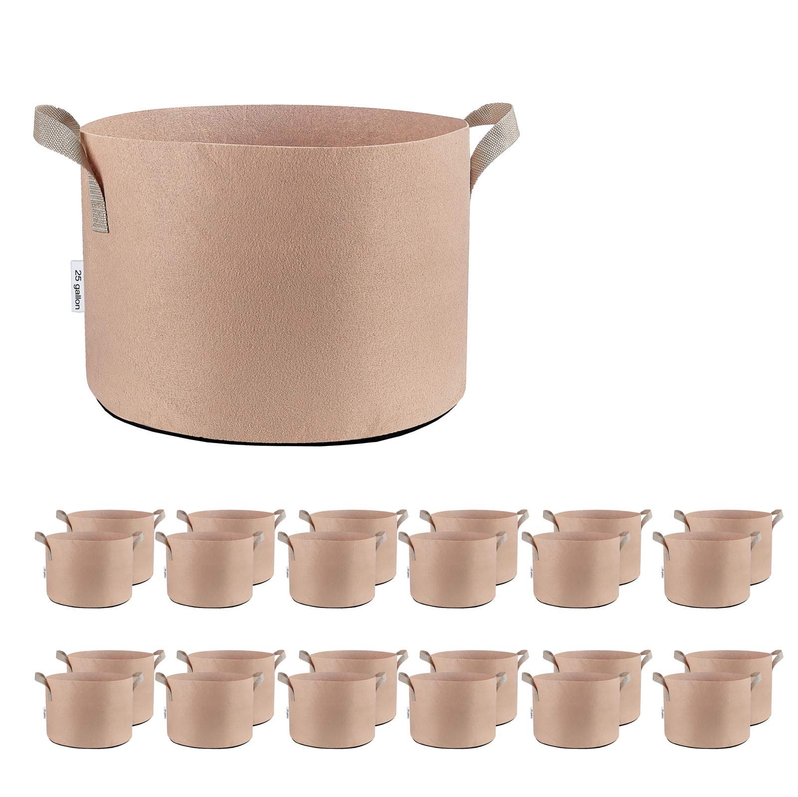 24-Pack 25 Gallon Heavy Duty Fabric Grow Bags with Handles - Aeration Pots for Plants, Vegetables & Herbs - Durable Tan Garden Containers for Outdoor & Indoor Gardening