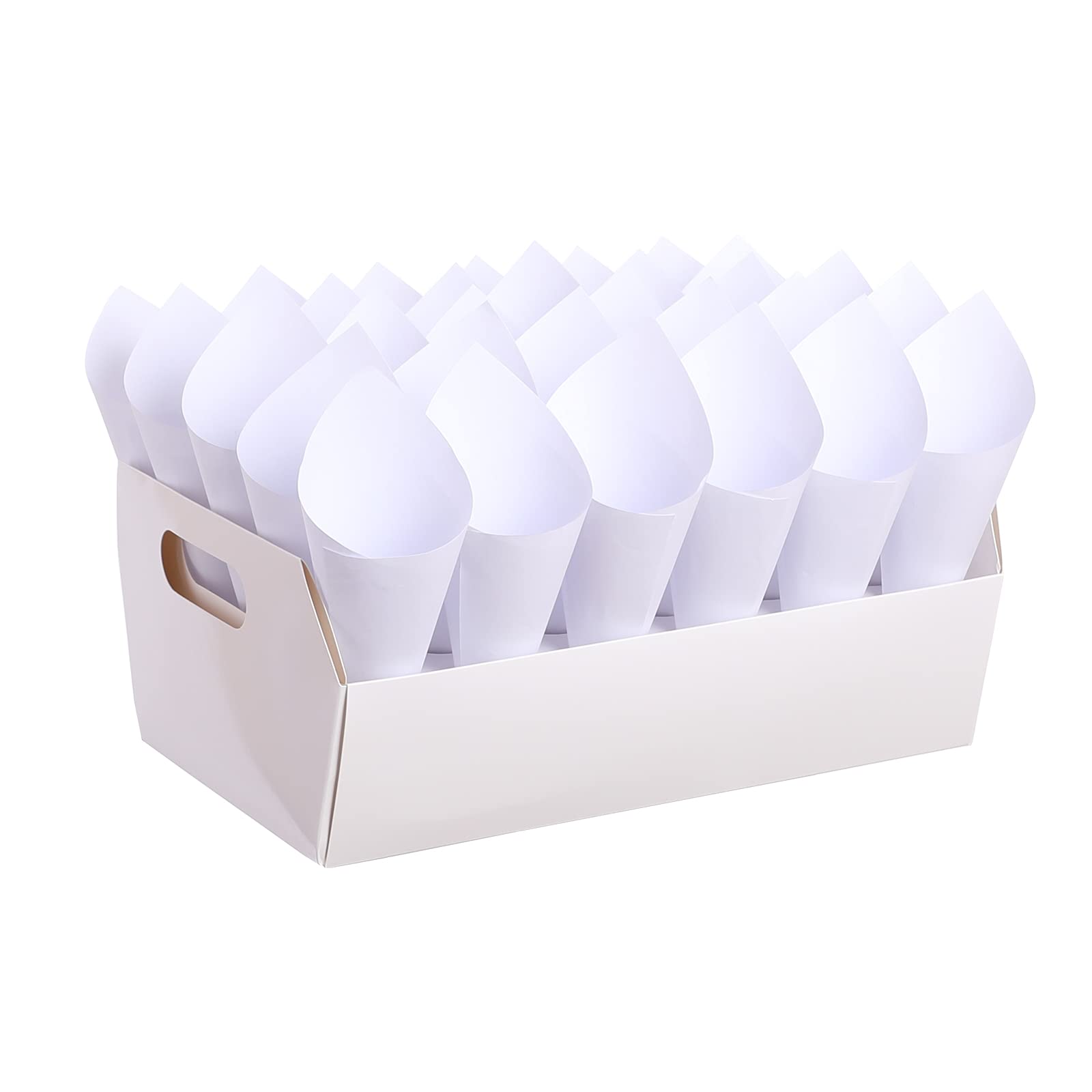 30 Hole Confetti Cone Holder Box - Wedding Party Gift Stand Tray with 32 White Blank Paper Cones - Perfect for Weddings, Baby Showers & Birthday Celebrations