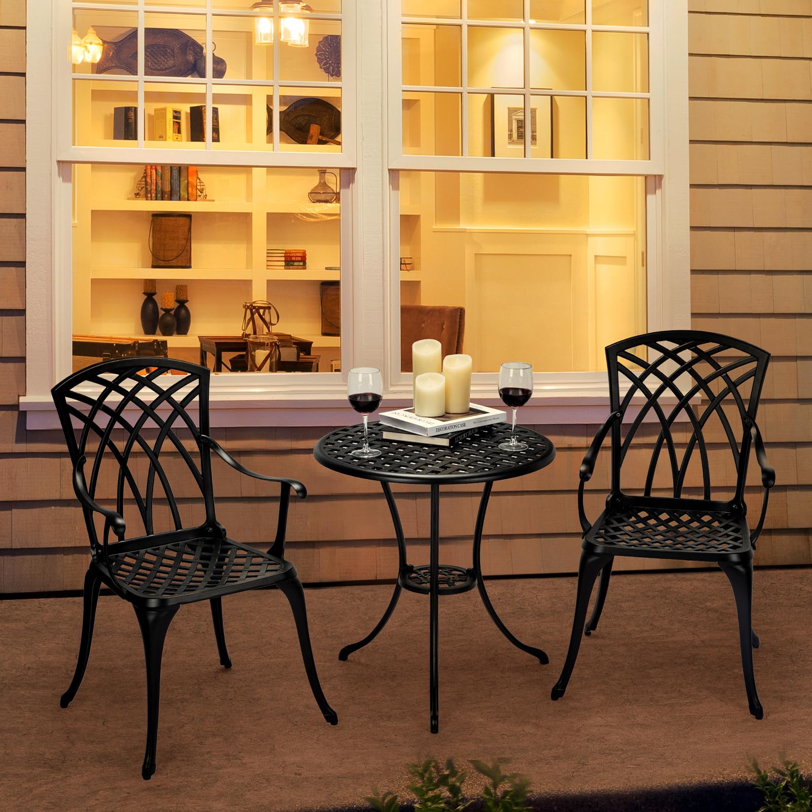 3 Piece Bistro Set - Durable Cast Aluminum Outdoor Table and Chairs with Umbrella Hole - Weather-Resistant Patio Furniture for Balcony, Backyard, Garden - Perfect for Outdoor Dining, Coffee Break and Relaxing (Black)