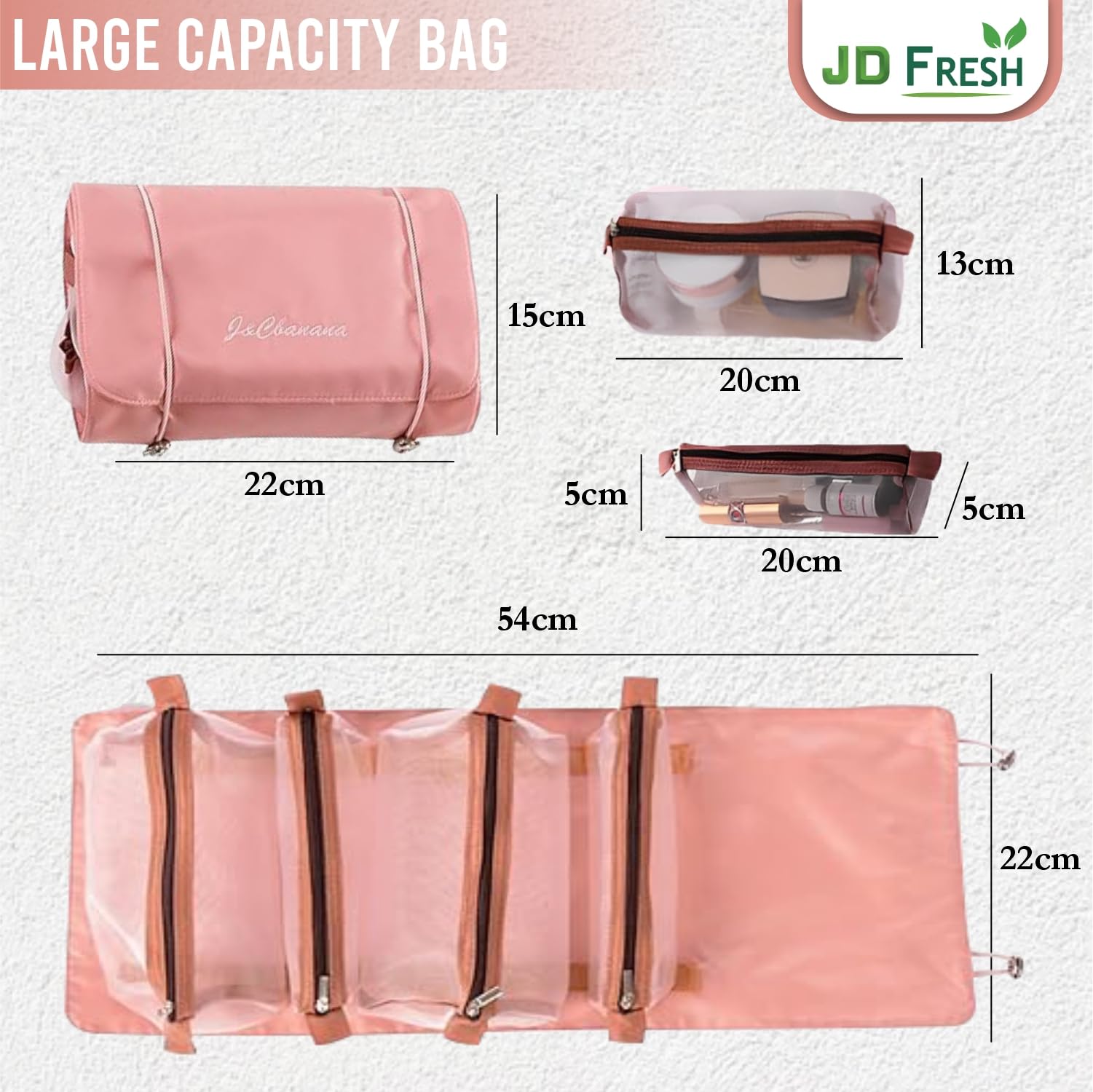 Large Capacity 4-in-1 Cosmetic Mesh Bag | Makeup Organizer & Toiletry Pouch for Women & Men | Portable Travel Makeup Bag | Waterproof Cosmetic Storage (Pink) - Perfect for Travel, Gym, Daily Use & Makeup Essentials Organization